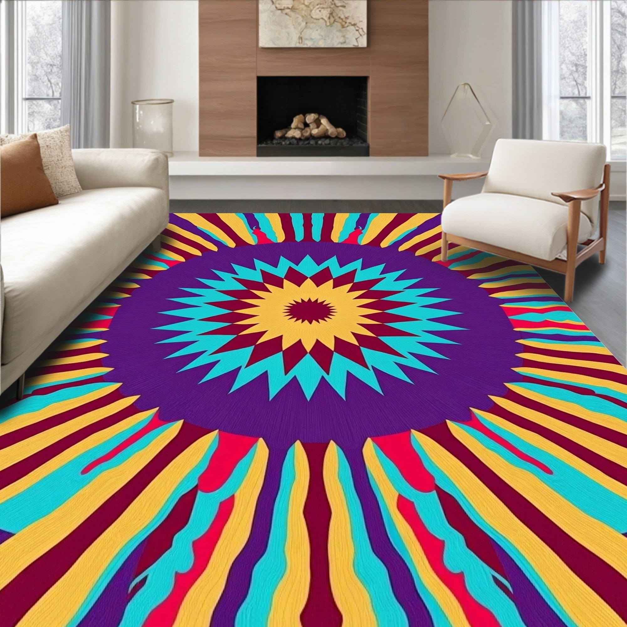 Vibrant Psychedelic Sunburst Medallion Rug