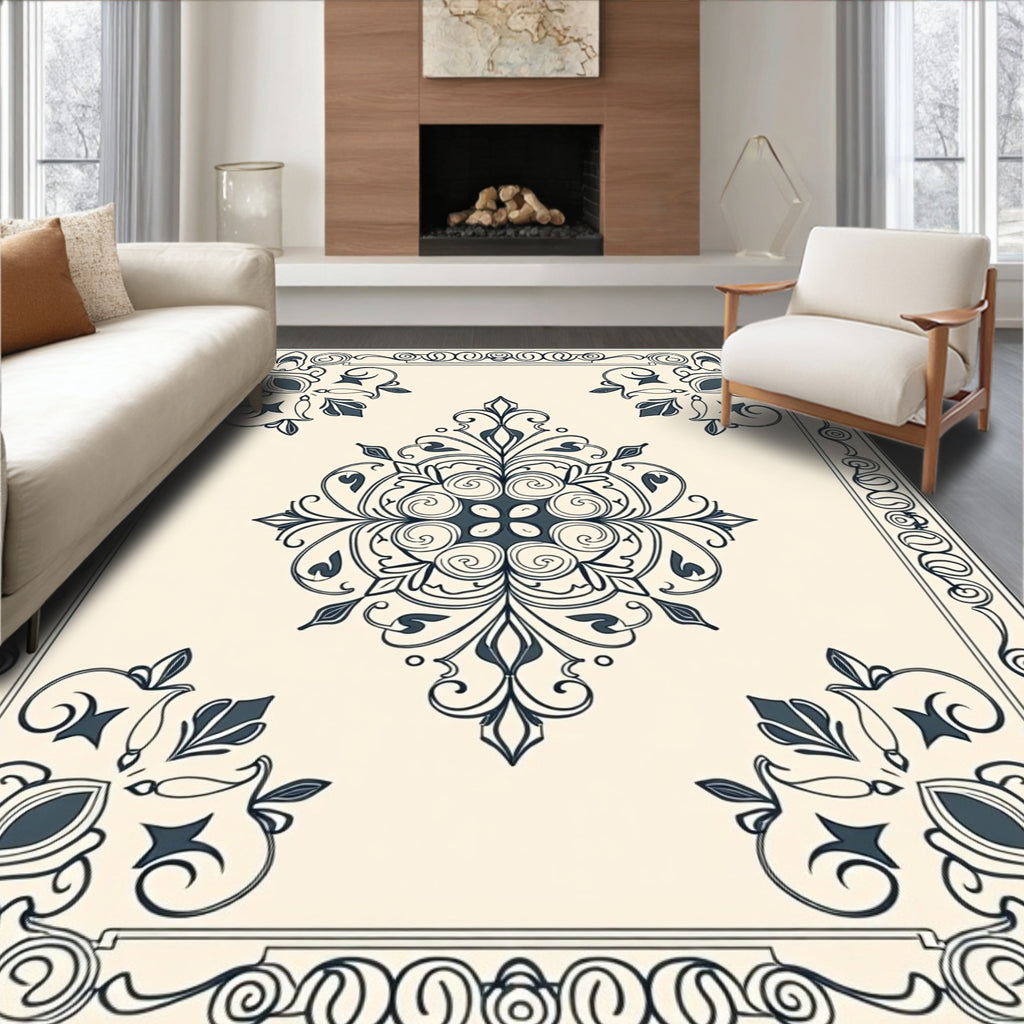 Navy Ivory Ornate Scroll Medallion Rug