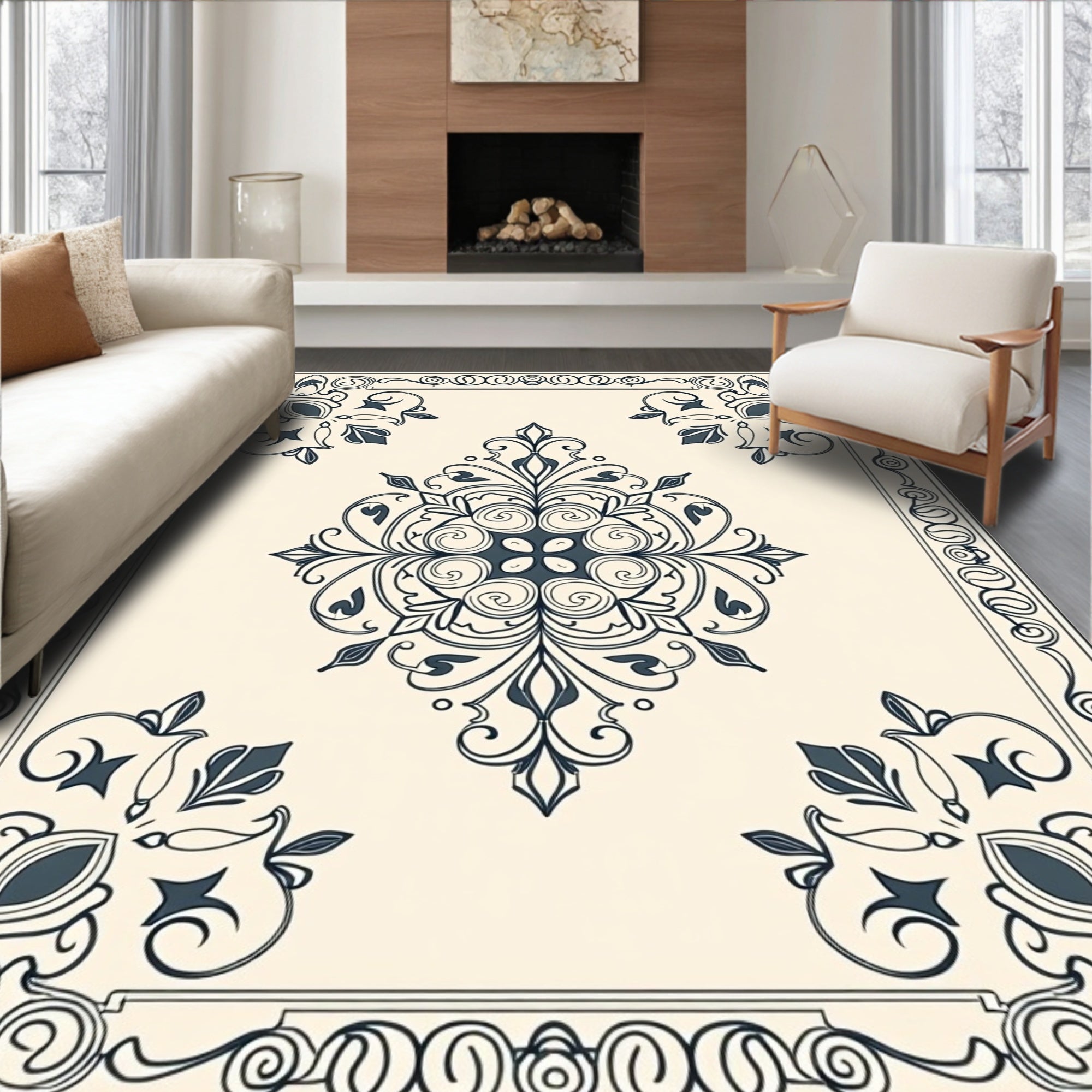 Navy Ivory Ornate Scroll Medallion Rug