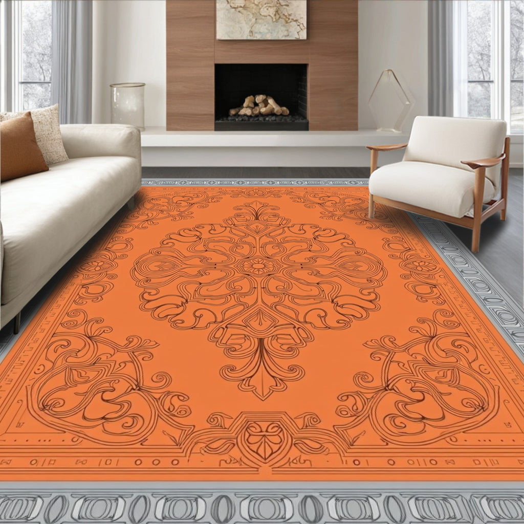 Ornate Orange Gray Damask Rug