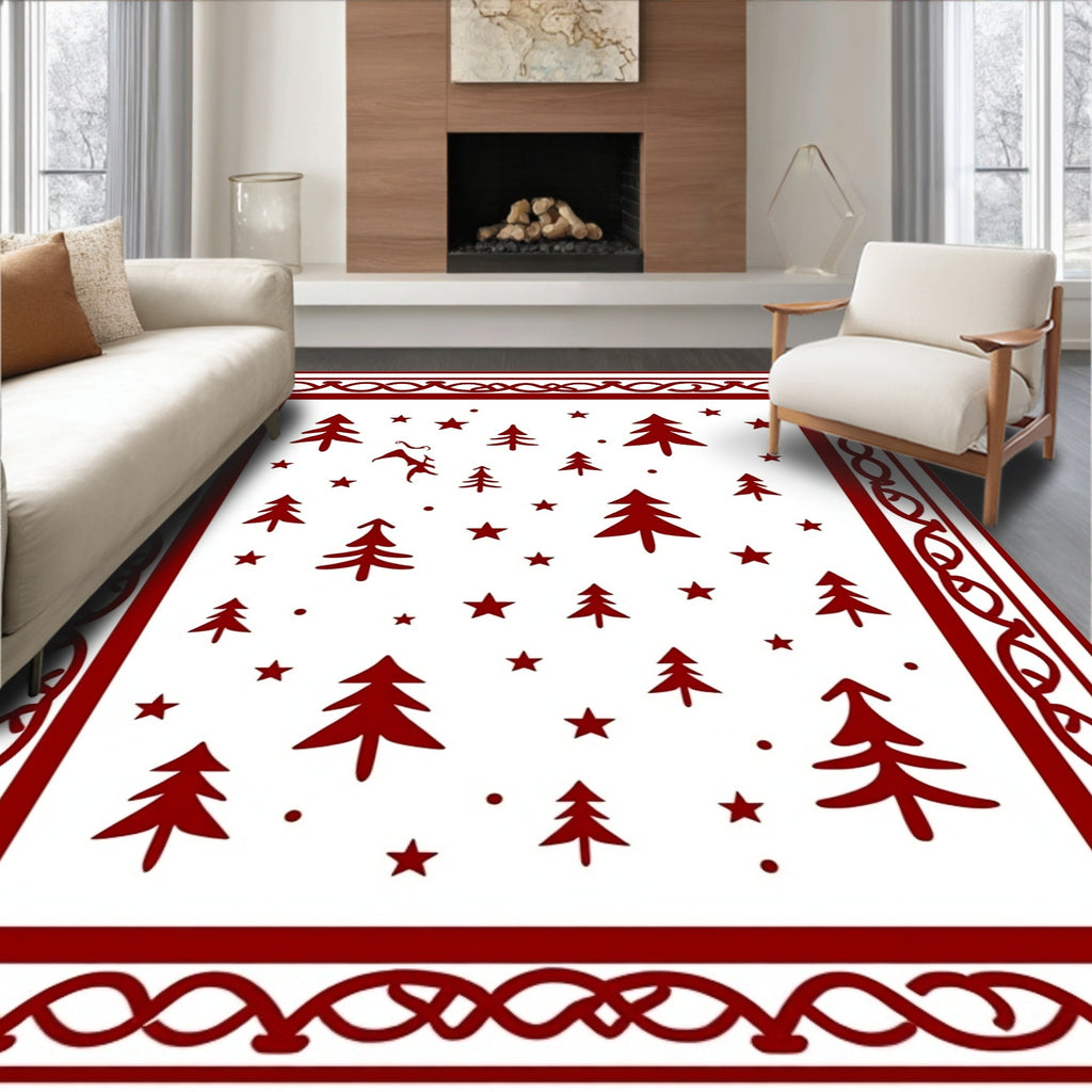 Crimson Christmas Tree Star Border Rug