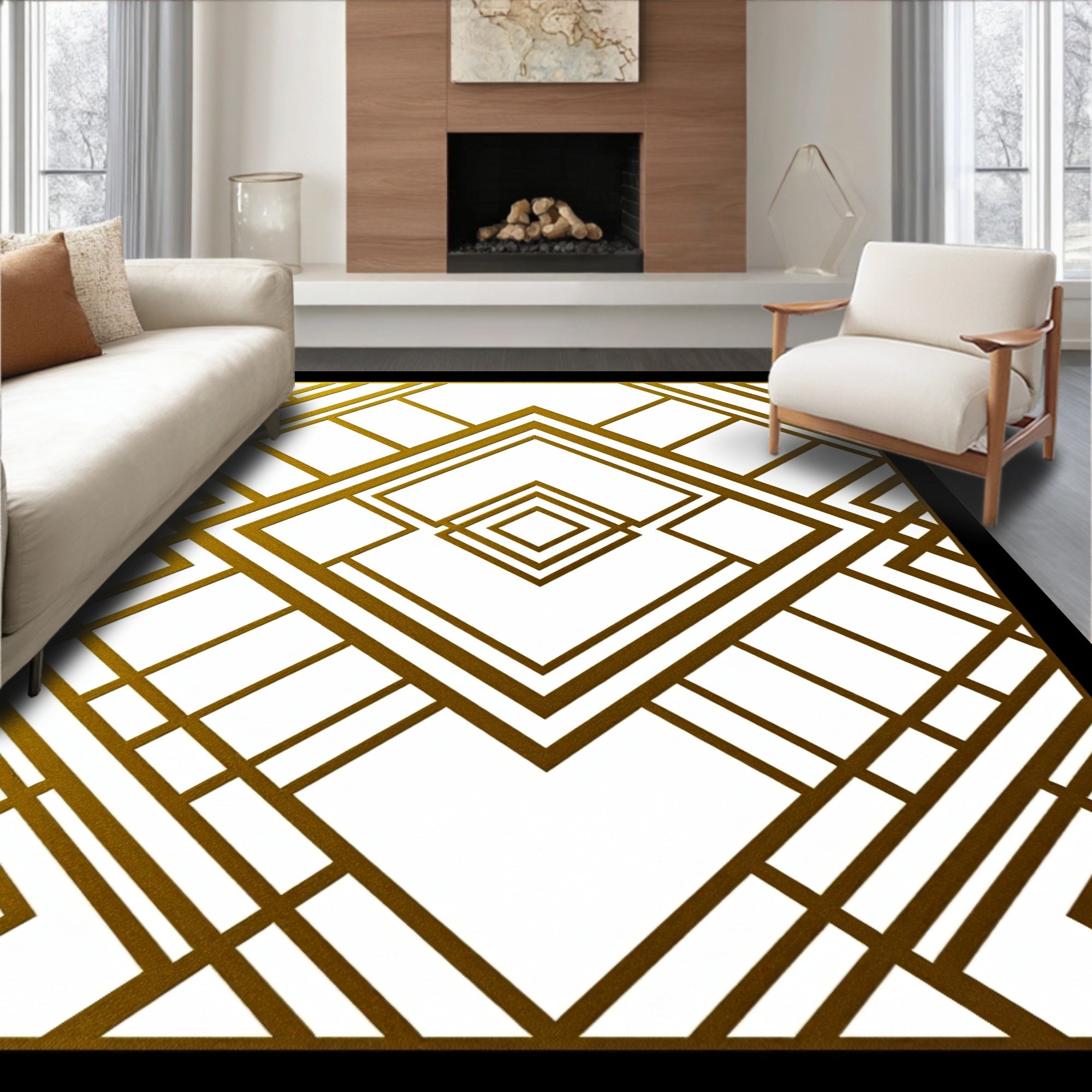 Golden Art Deco Geometric Diamond Rug