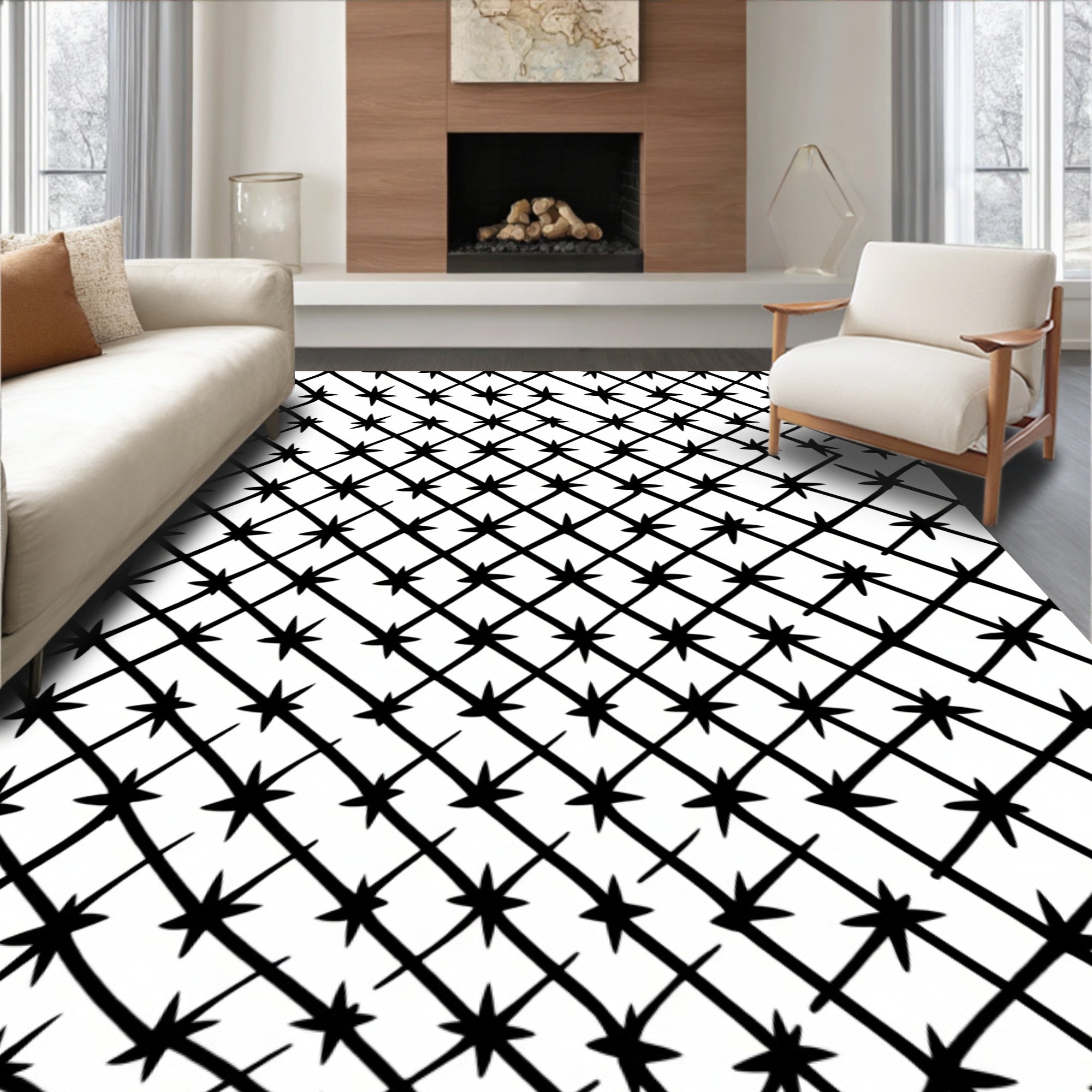 Black White Starburst Grid Rug
