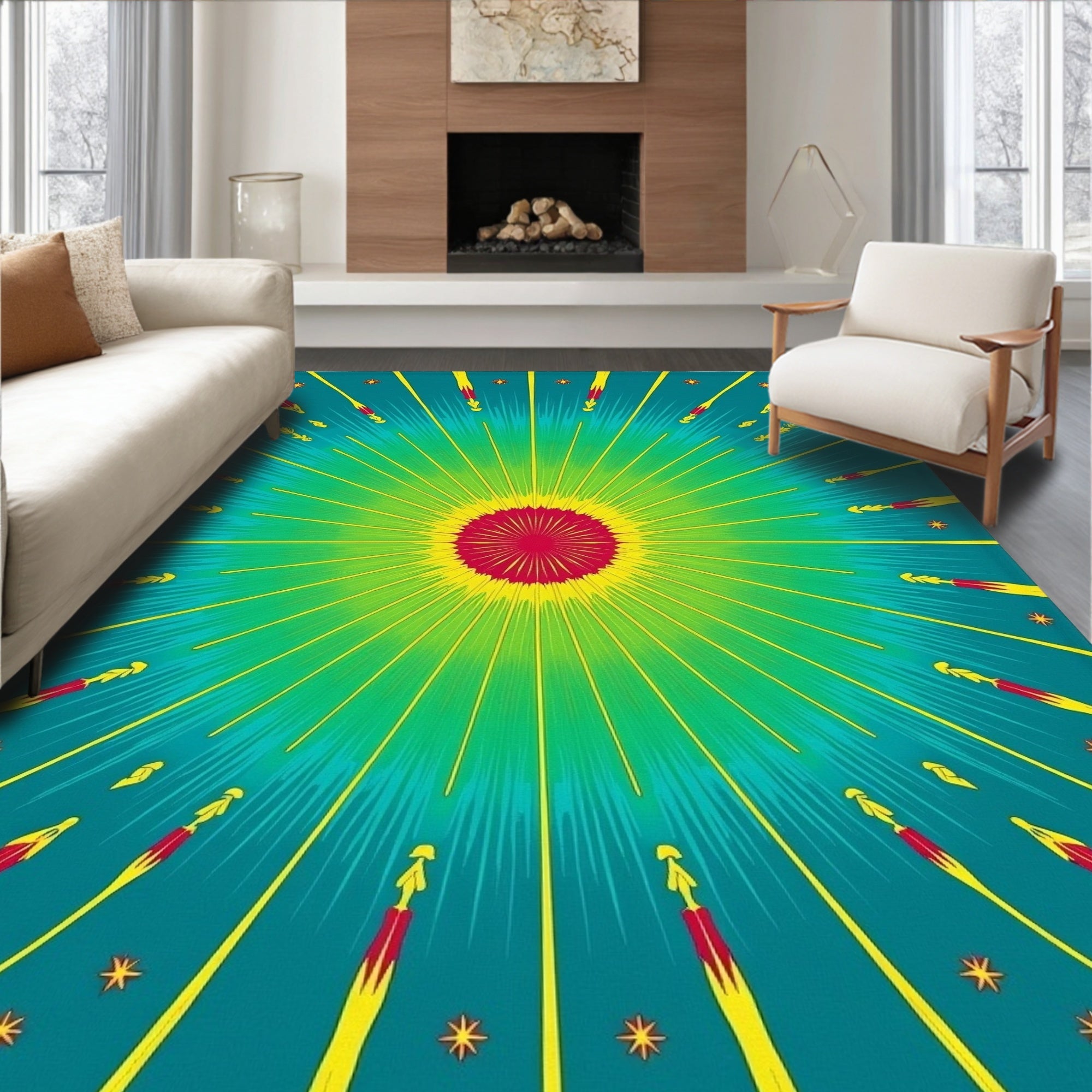 Radiant Sunburst Teal Yellow Red Rug