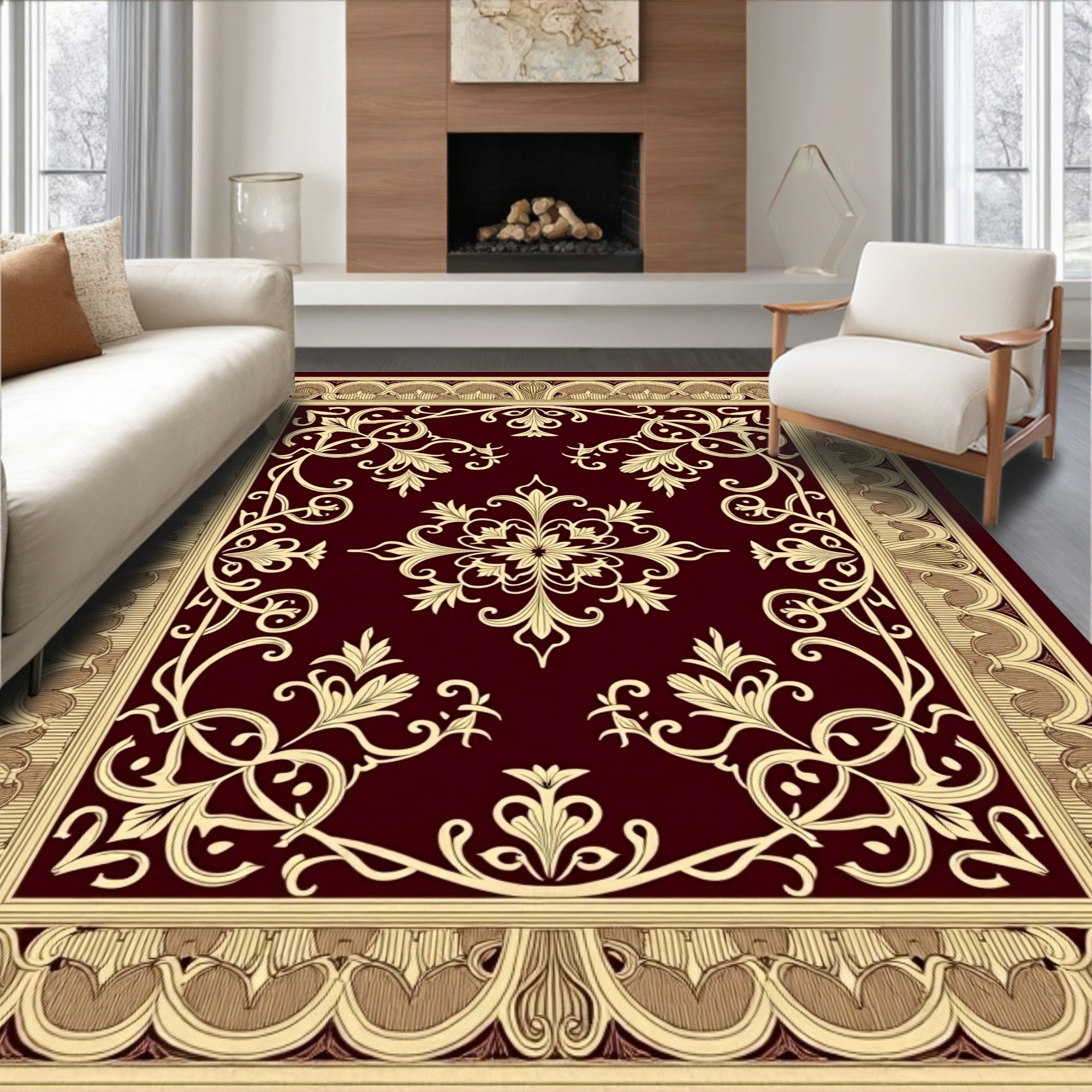 Maroon Floral Scrollwork Medallion Rug