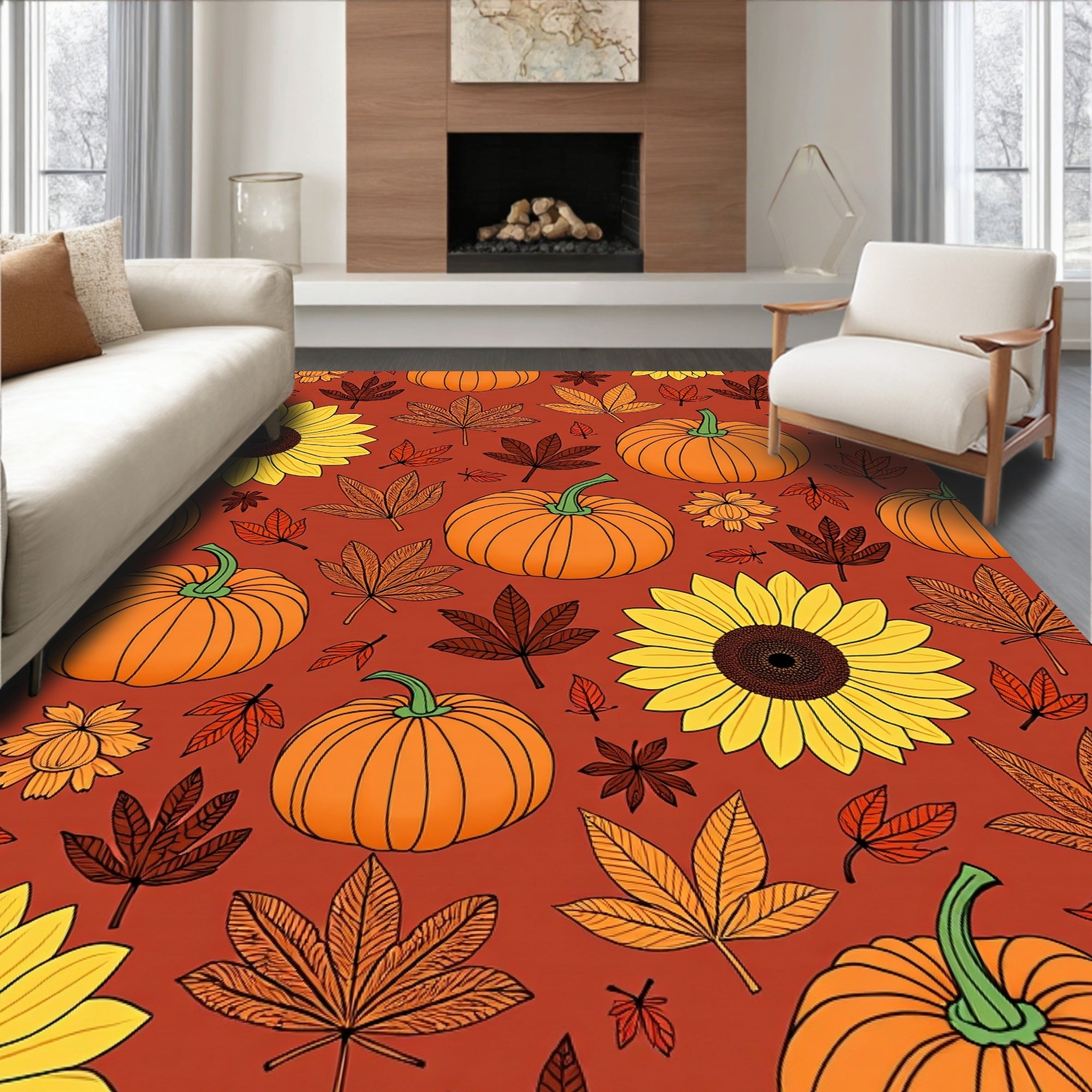Autumn Harvest Pumpkin Sunflower Leaves Rug