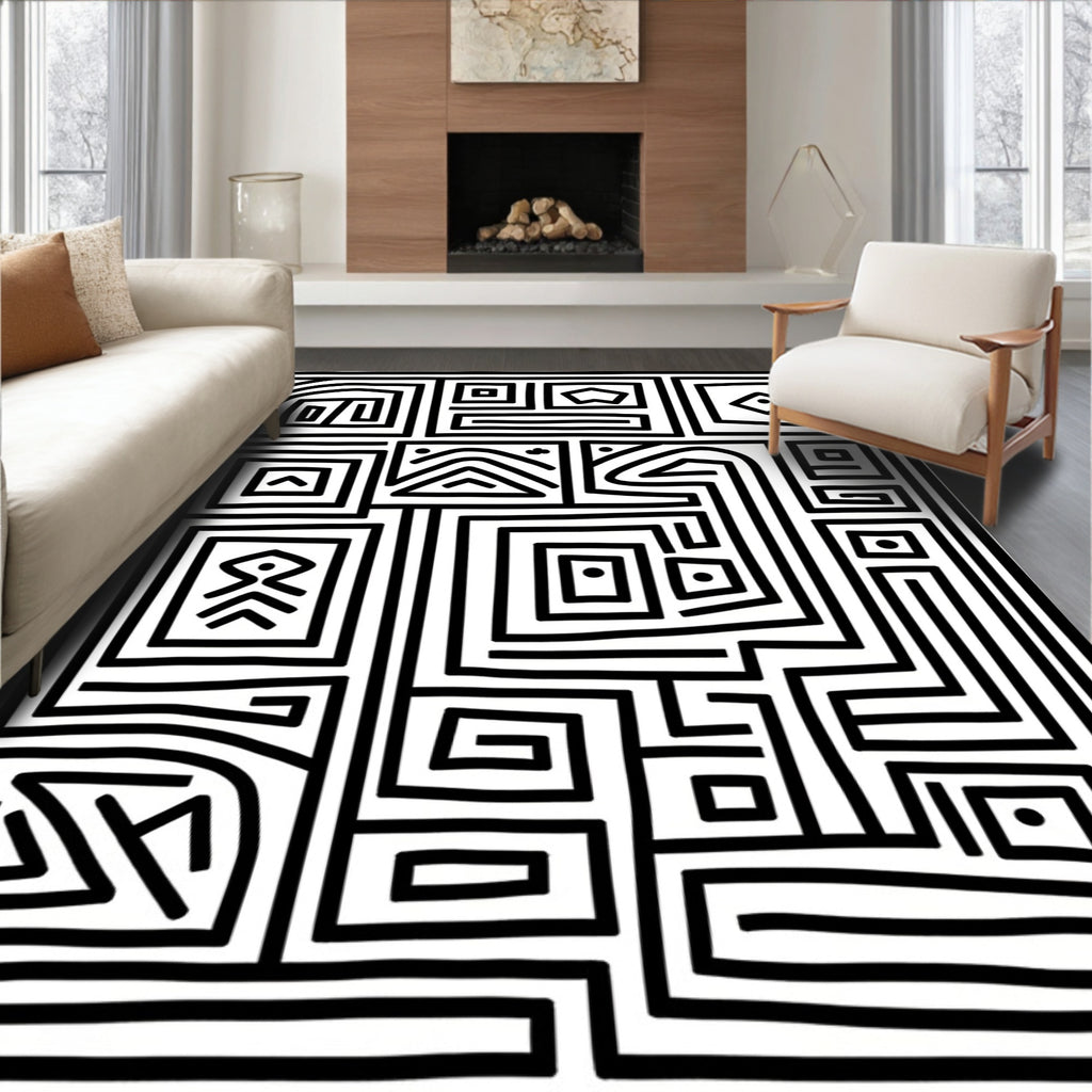 Bold Labyrinthine Black White Composition Rug