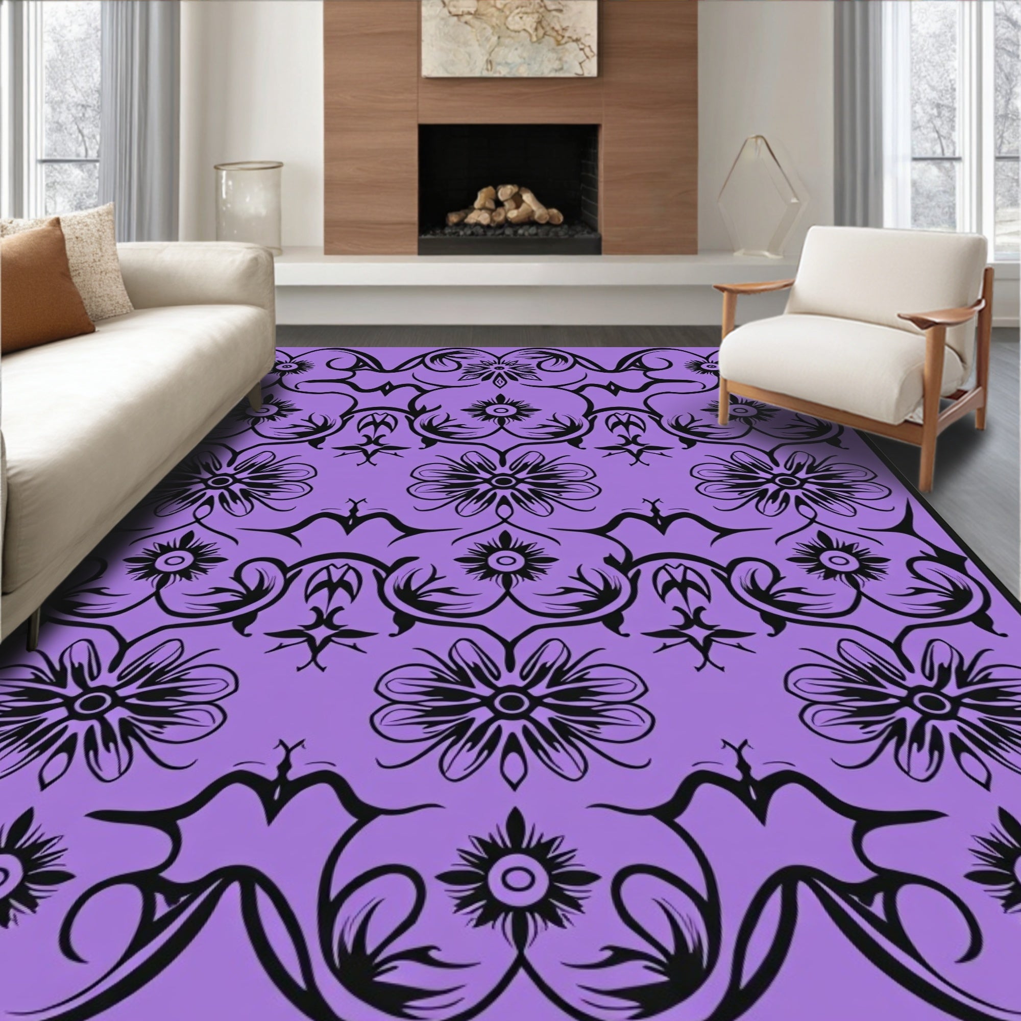 Orchid Black Floral Vine Scroll Rug