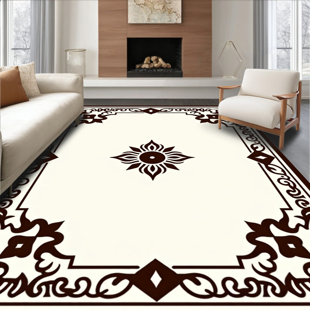 Brown Floral Scrollwork with Central Sunburst Rug
