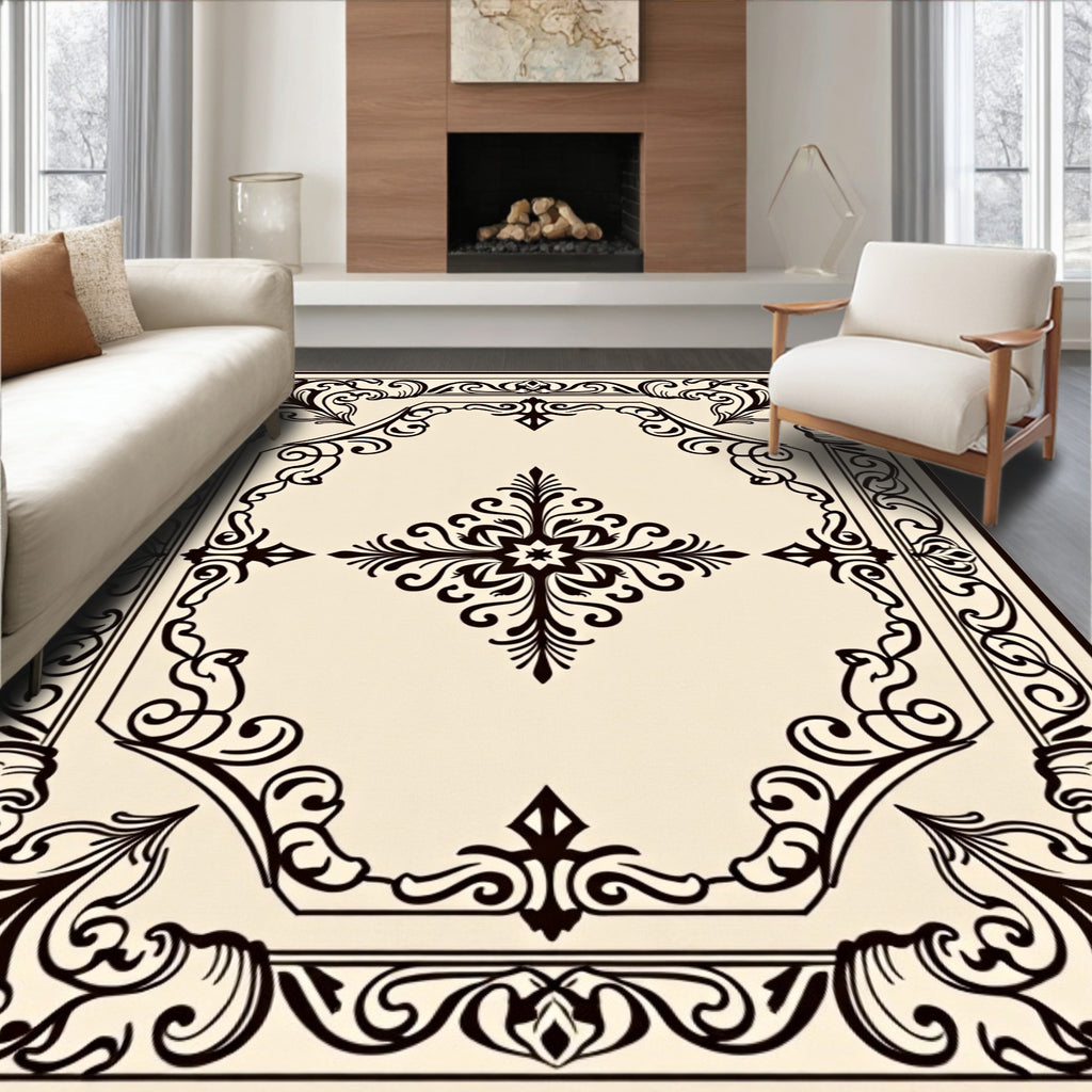 Classic Black Floral Scroll Medallion Rug
