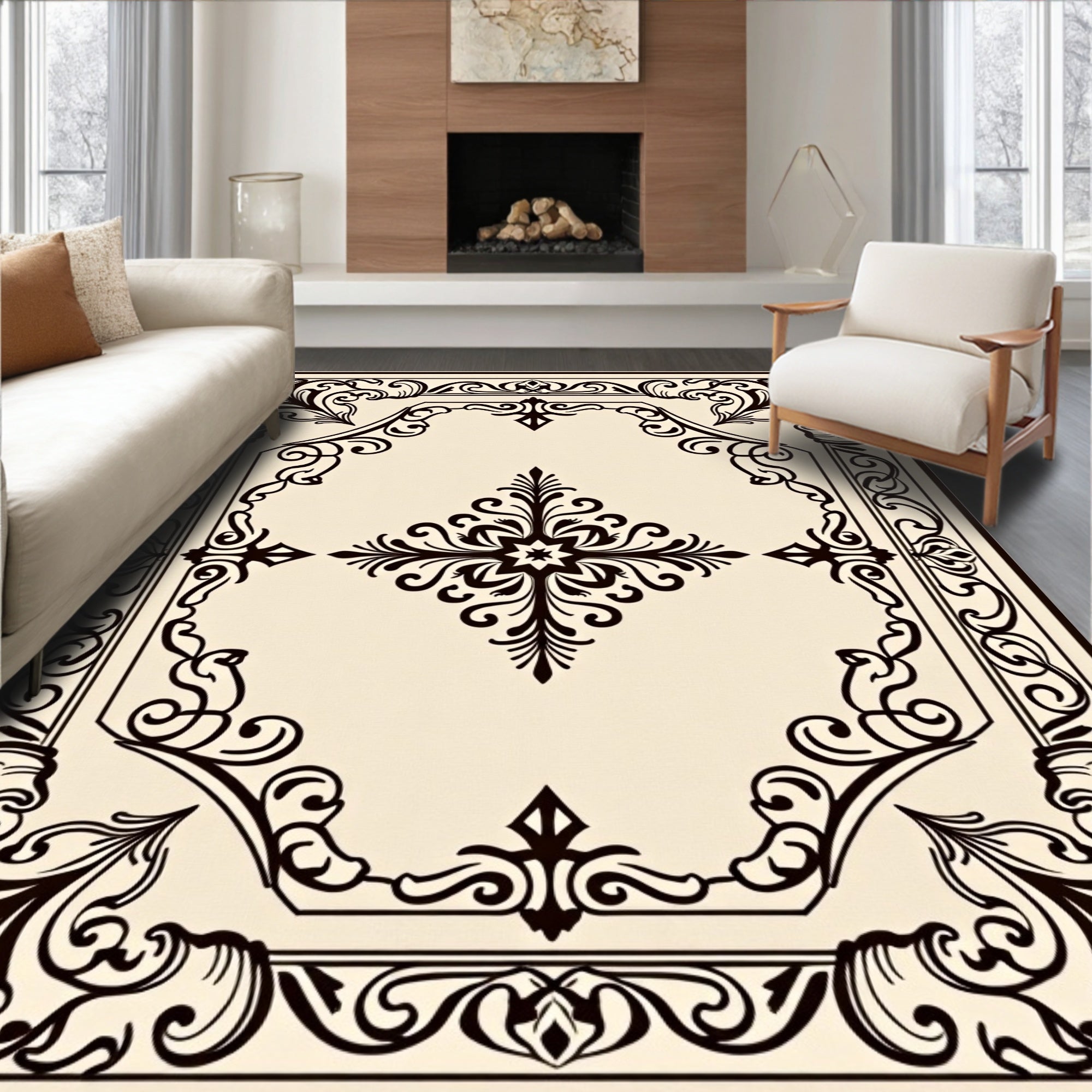 Classic Black Floral Scroll Medallion Rug