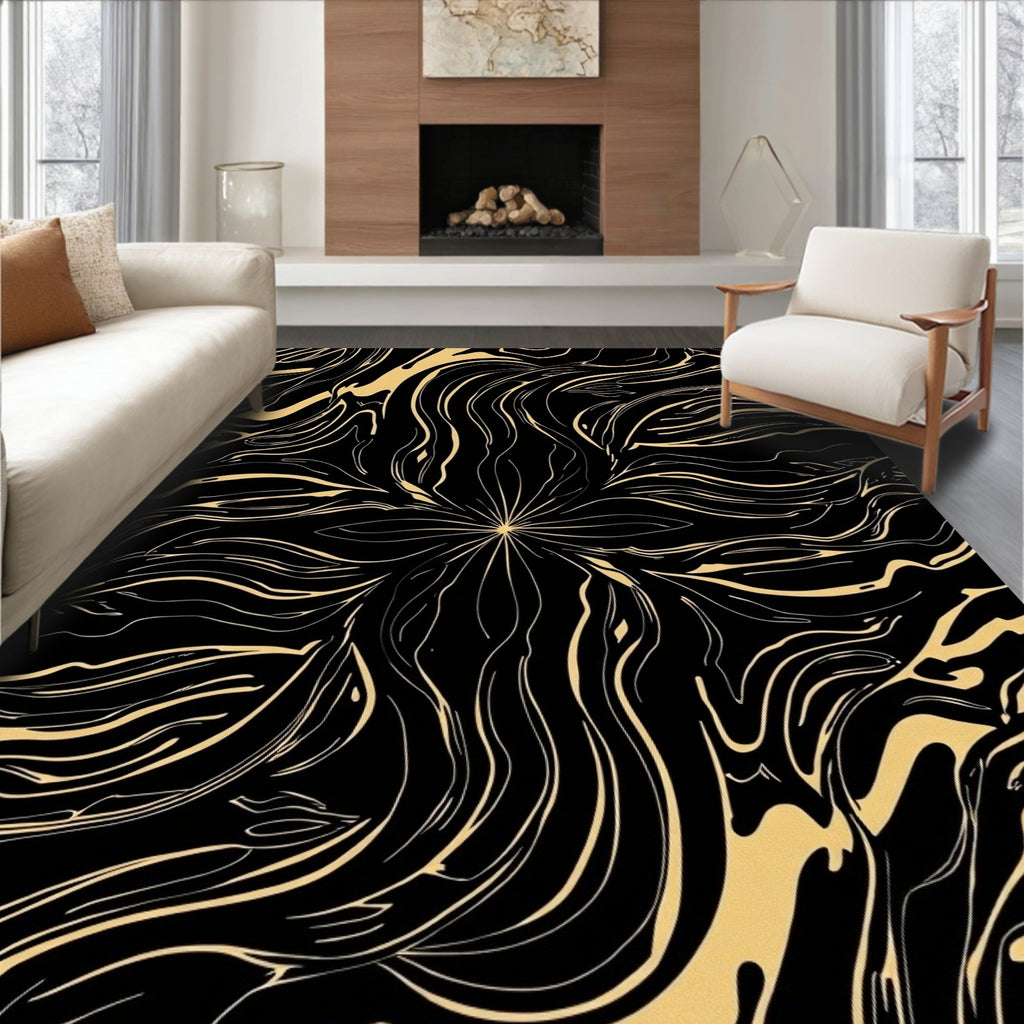 Gold Abstract Swirl Black Rug