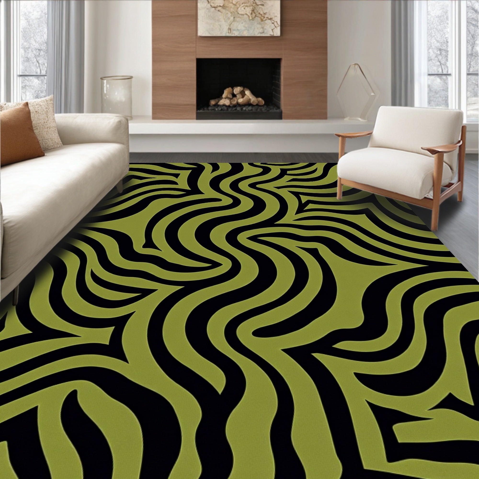 Olive Black Abstract Wavy Stripes Rug
