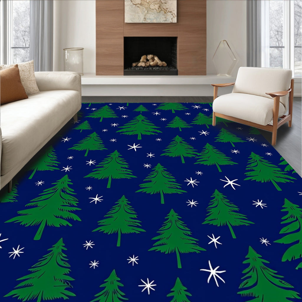 Green Christmas Trees White Snowflakes Rug