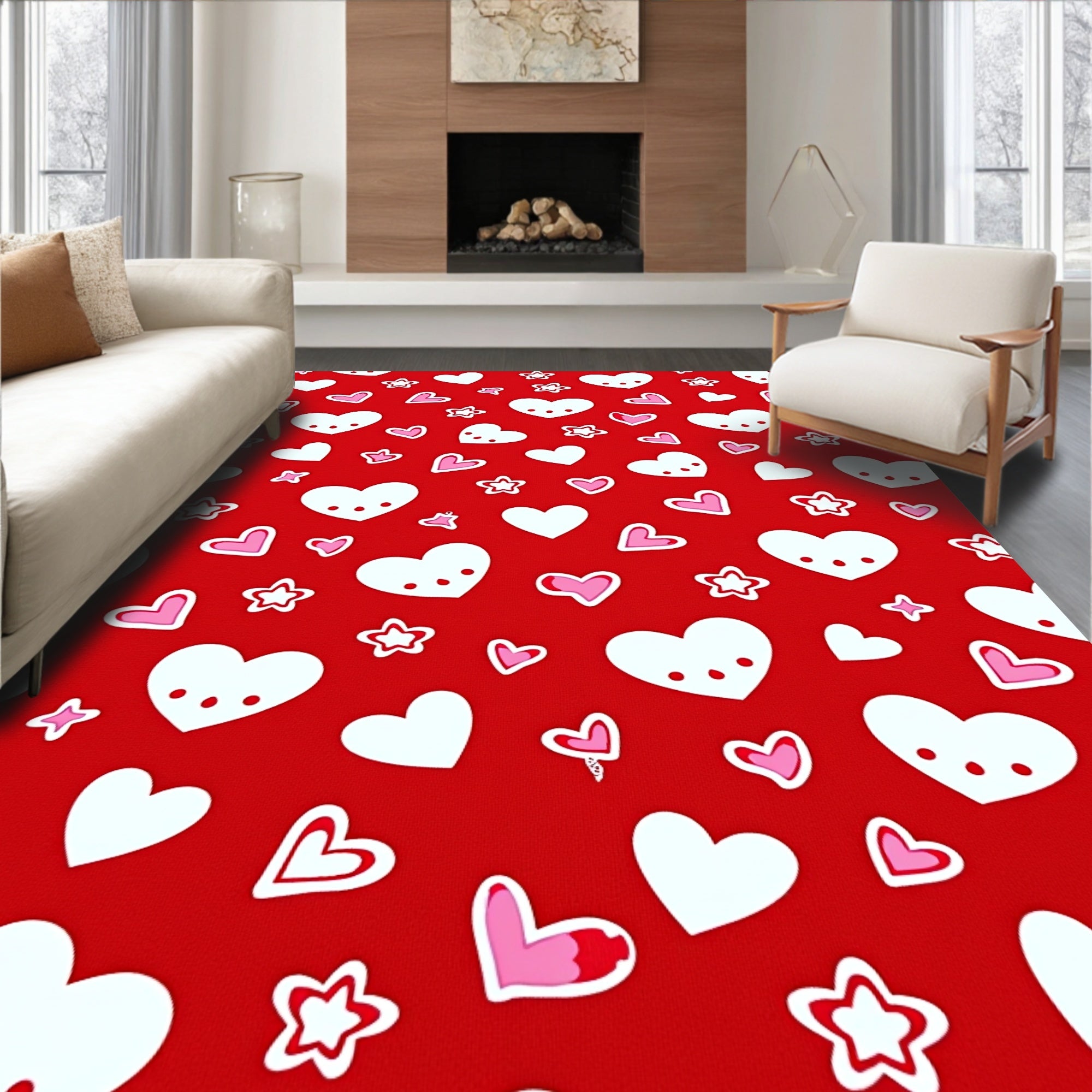 Red White Pink Hearts Stars Collage Rug