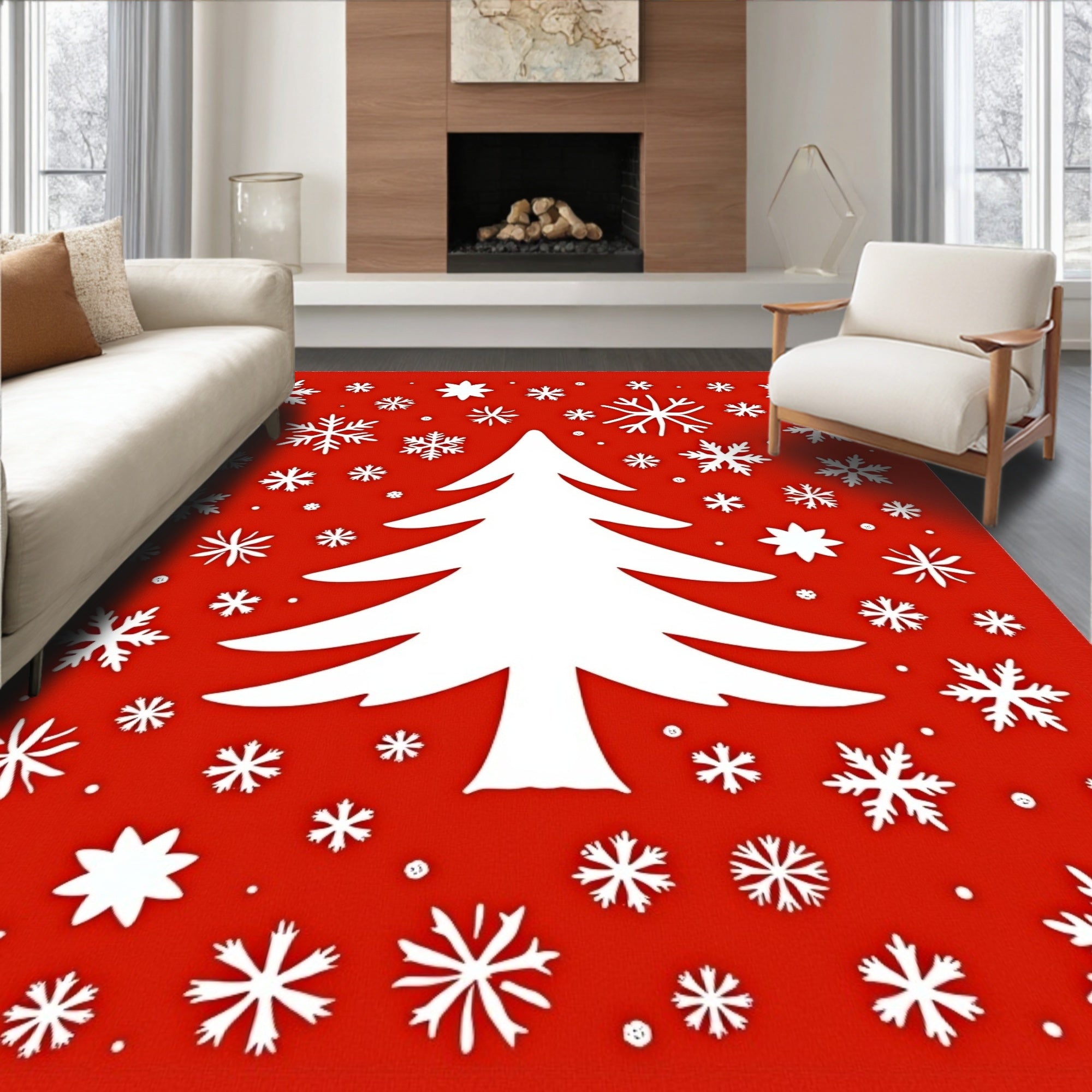 Red White Christmas Tree Snowflakes Rug