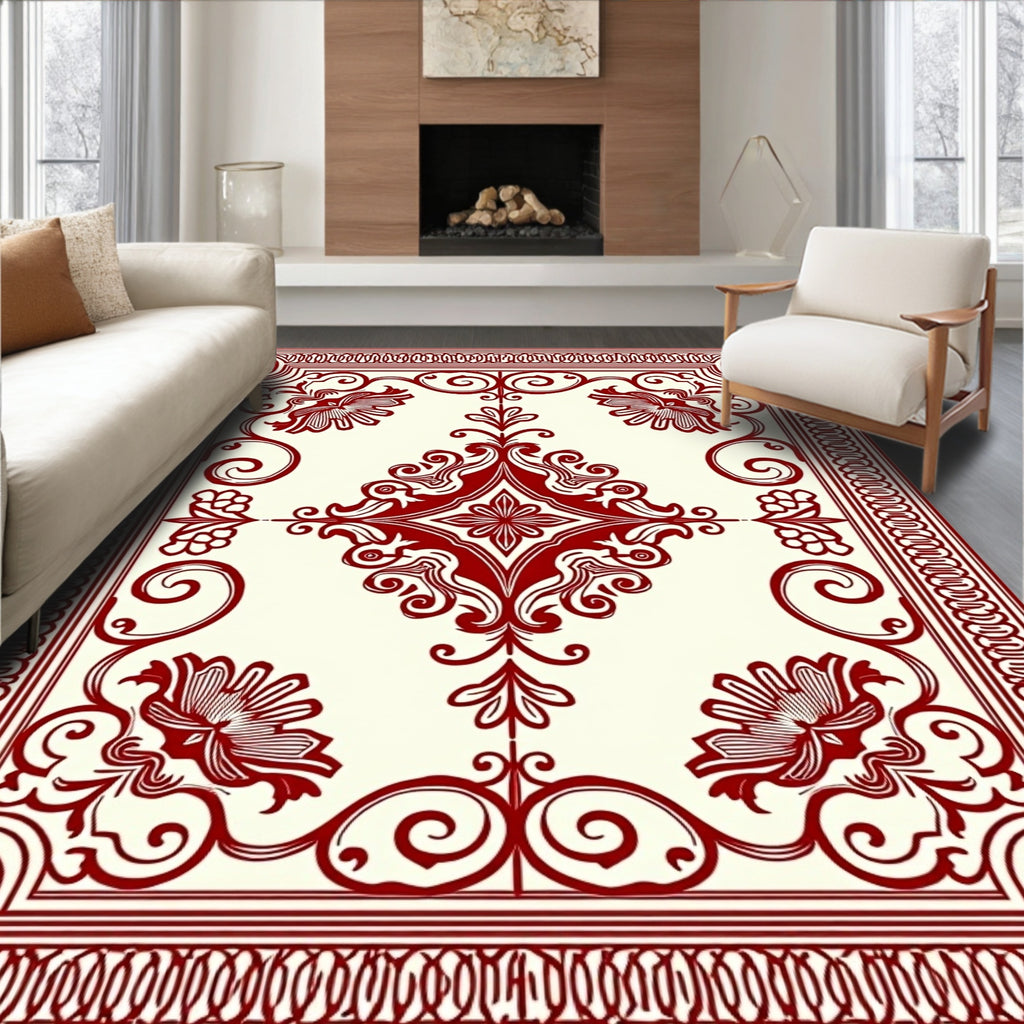 Crimson Floral Scroll Border Rug