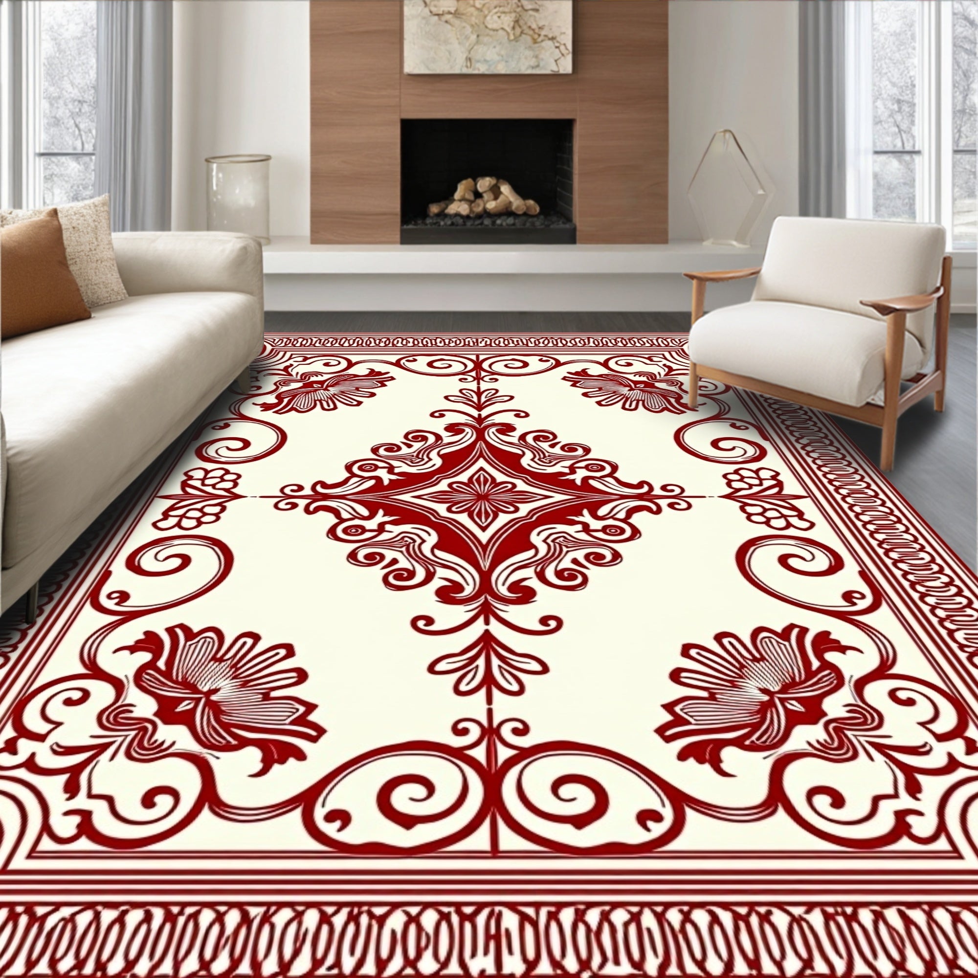 Crimson Floral Scroll Border Rug