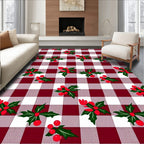 Deep Red White Gingham Holly Berries Rug