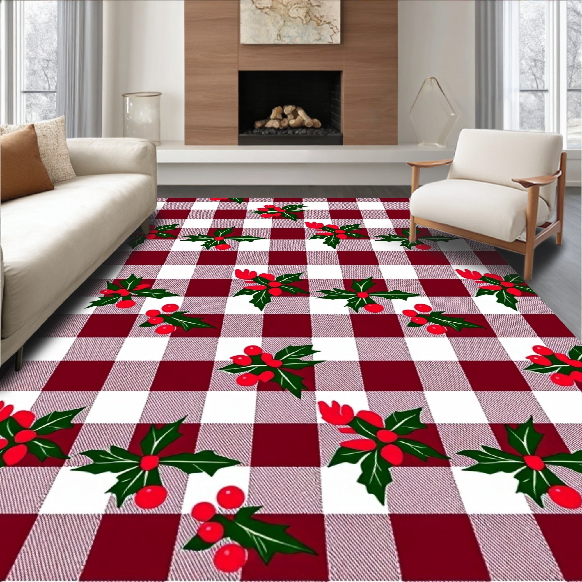 Deep Red White Gingham Holly Berries Rug