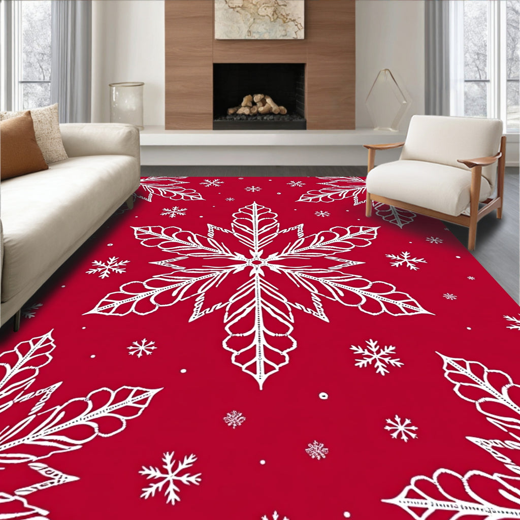 White Snowflake Burst Red Rug
