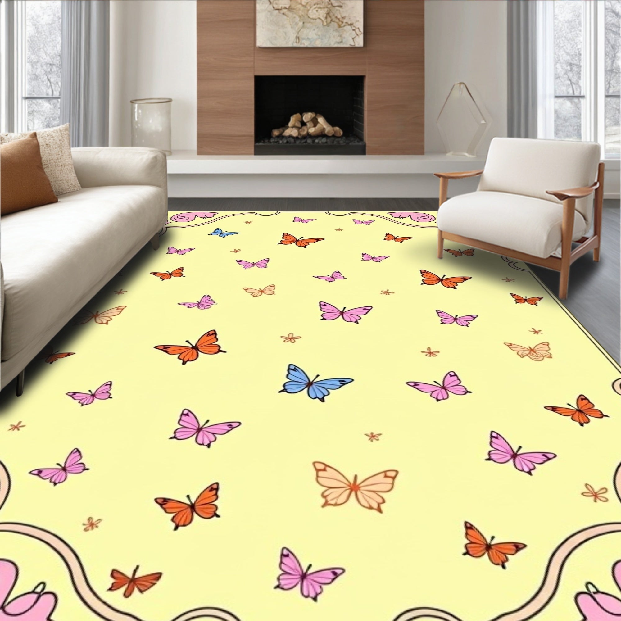 Whimsical Yellow Butterfly Garden Rug