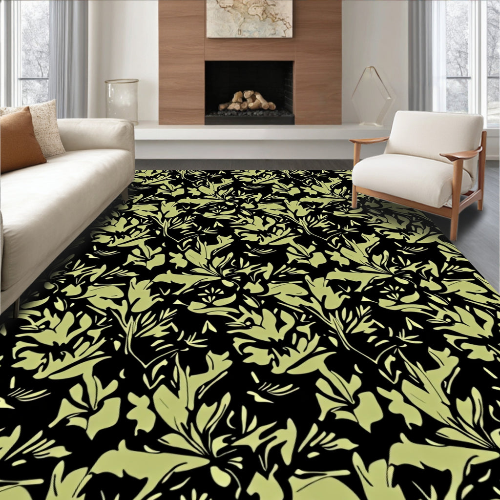 Pale Green Floral Sprig Black Rug