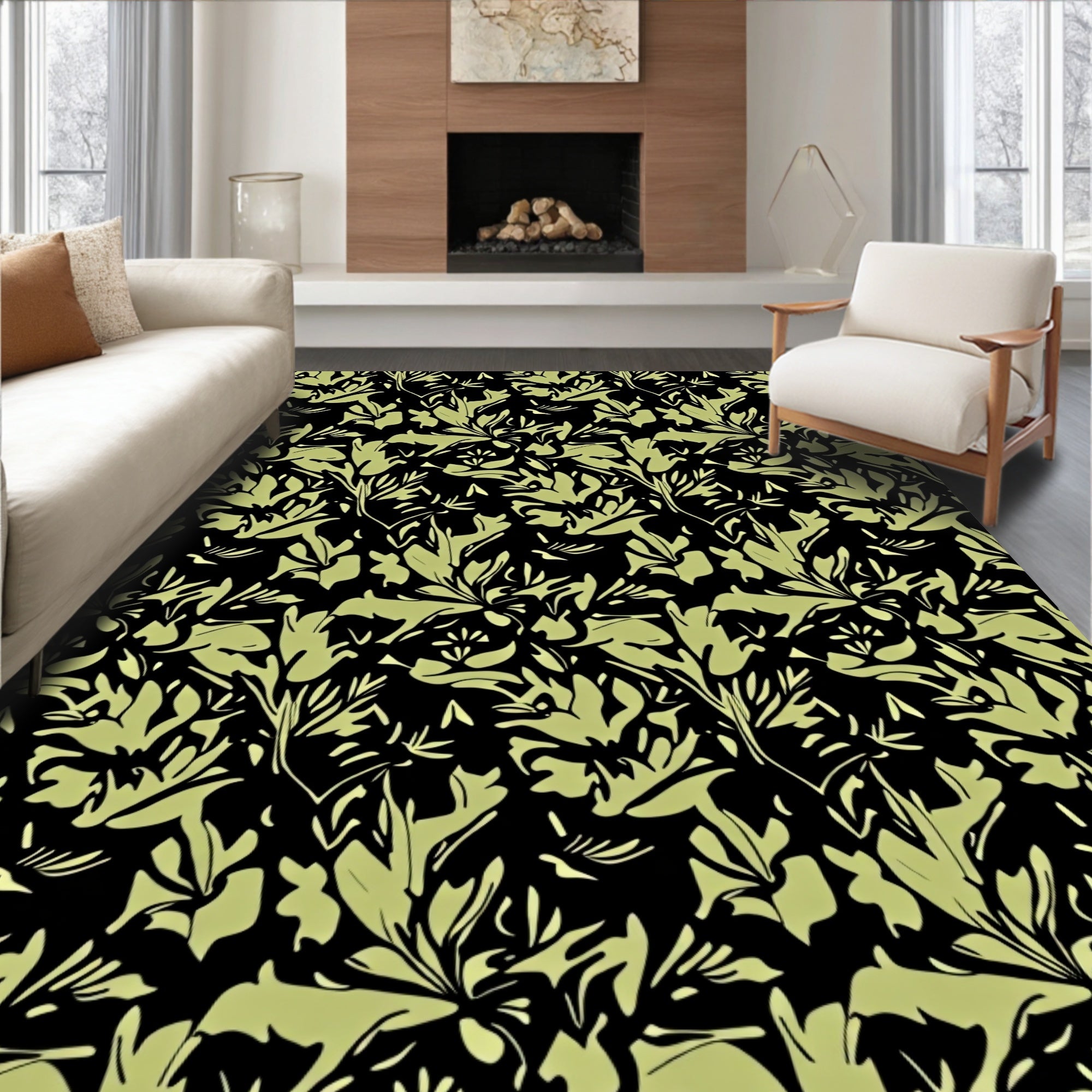Pale Green Floral Sprig Black Rug