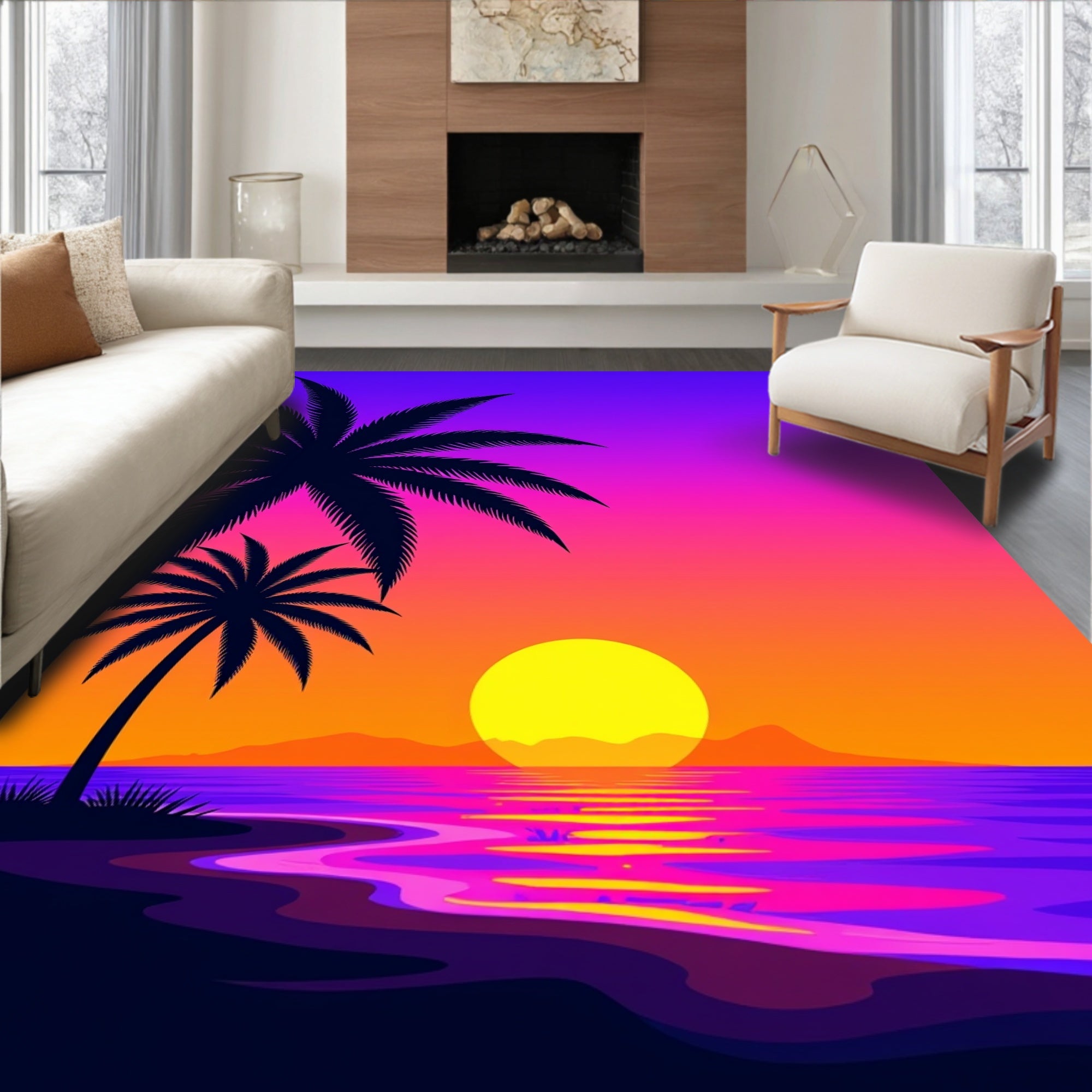 Tropical Sunset Palm Trees Ocean Waves Rug