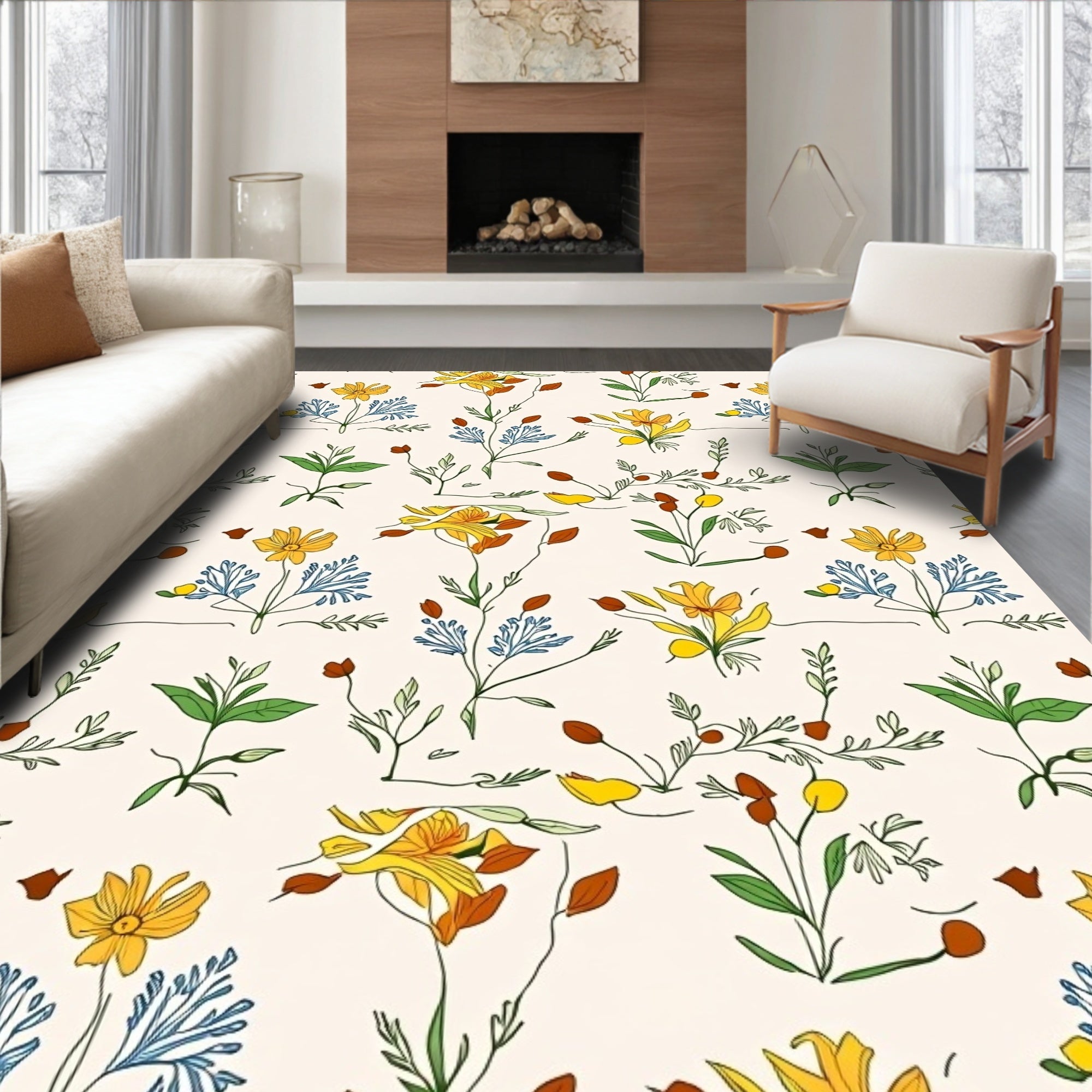 Delicate Yellow Blue Botanical Garden Sketch Rug