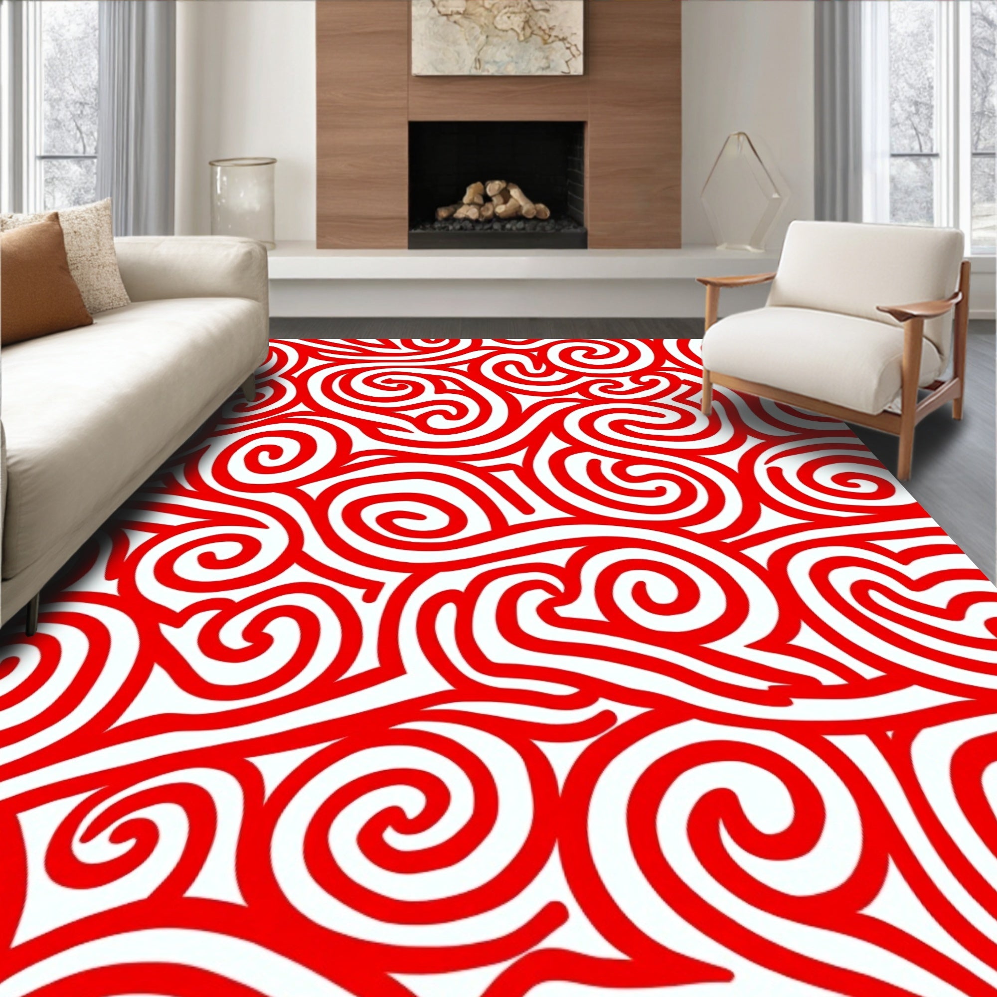 Bold Red Swirl Curvy Abstract Rug