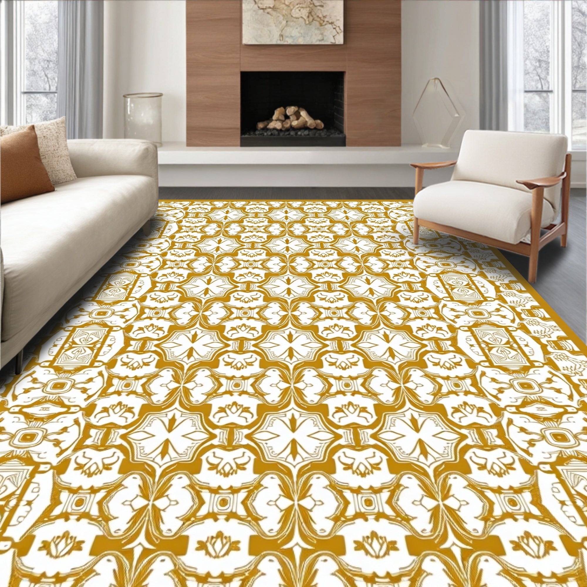 Golden White Intricate Floral Medallion Rug