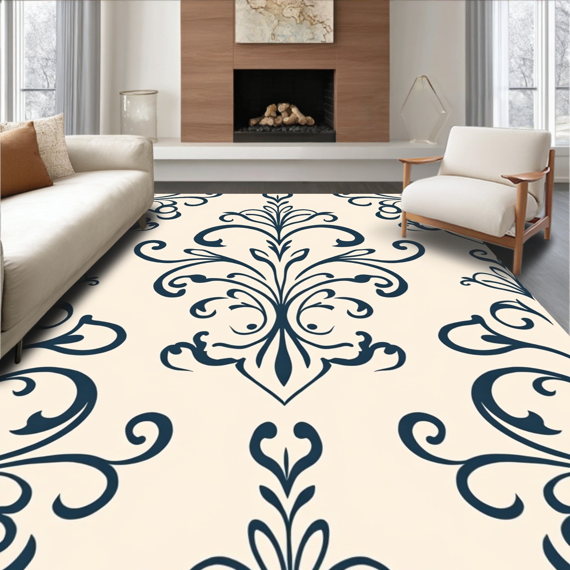 Classic Navy Swirl Damask Rug