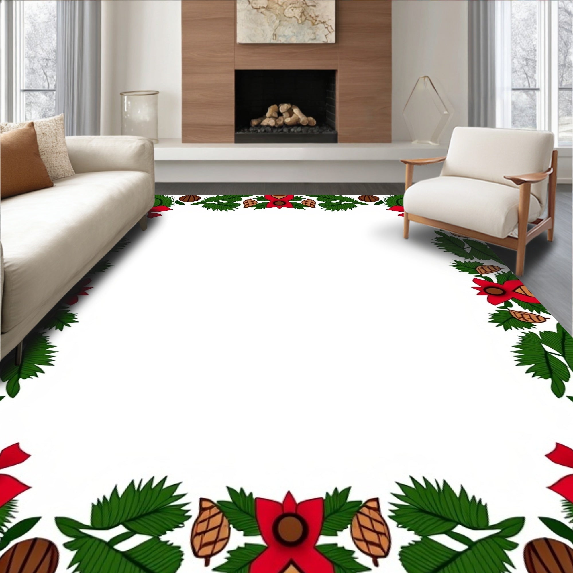 Festive Green Pine Red Bow Wreath Rug