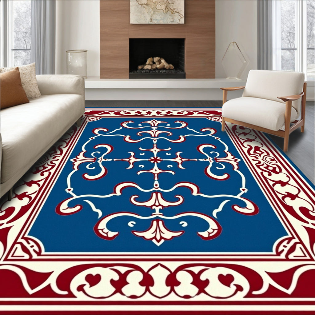 Crimson White Blue Ornate Medallion Rug