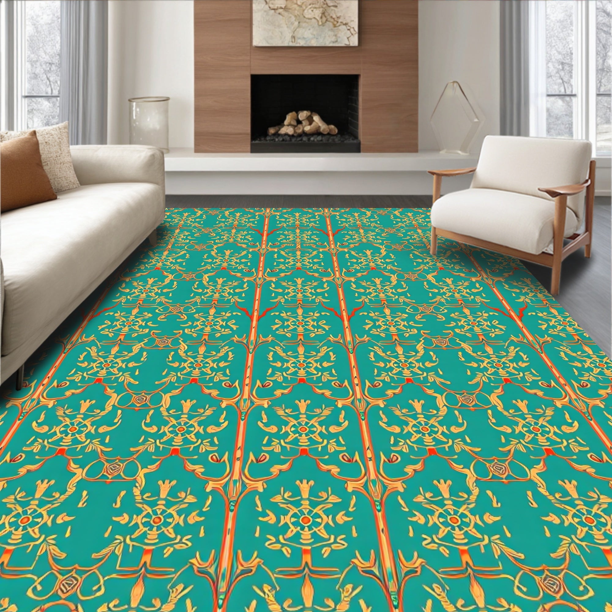 Ornate Teal Gold Floral Vertical Rug