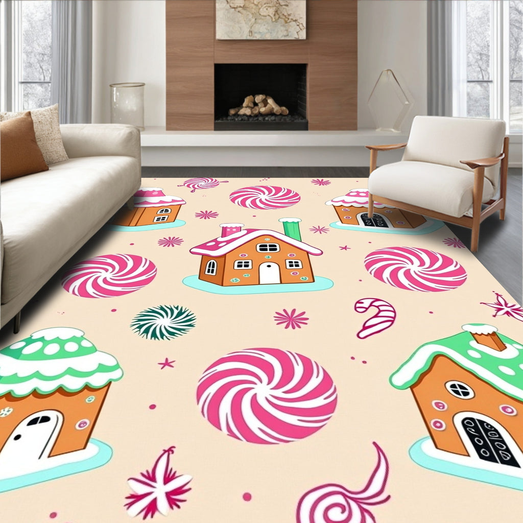 Gingerbread Houses Candy Swirls Background Rug
