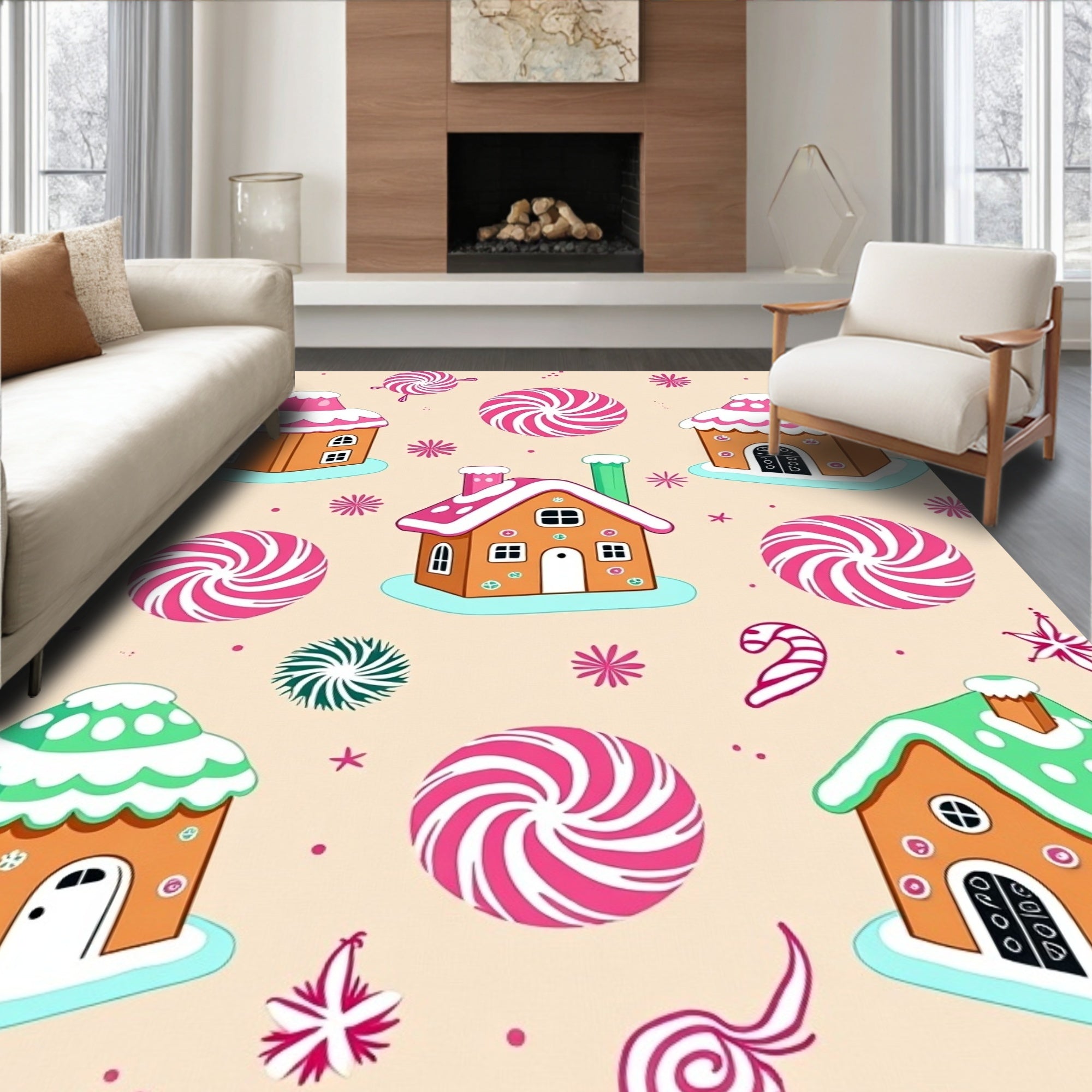 Gingerbread Houses Candy Swirls Background Rug