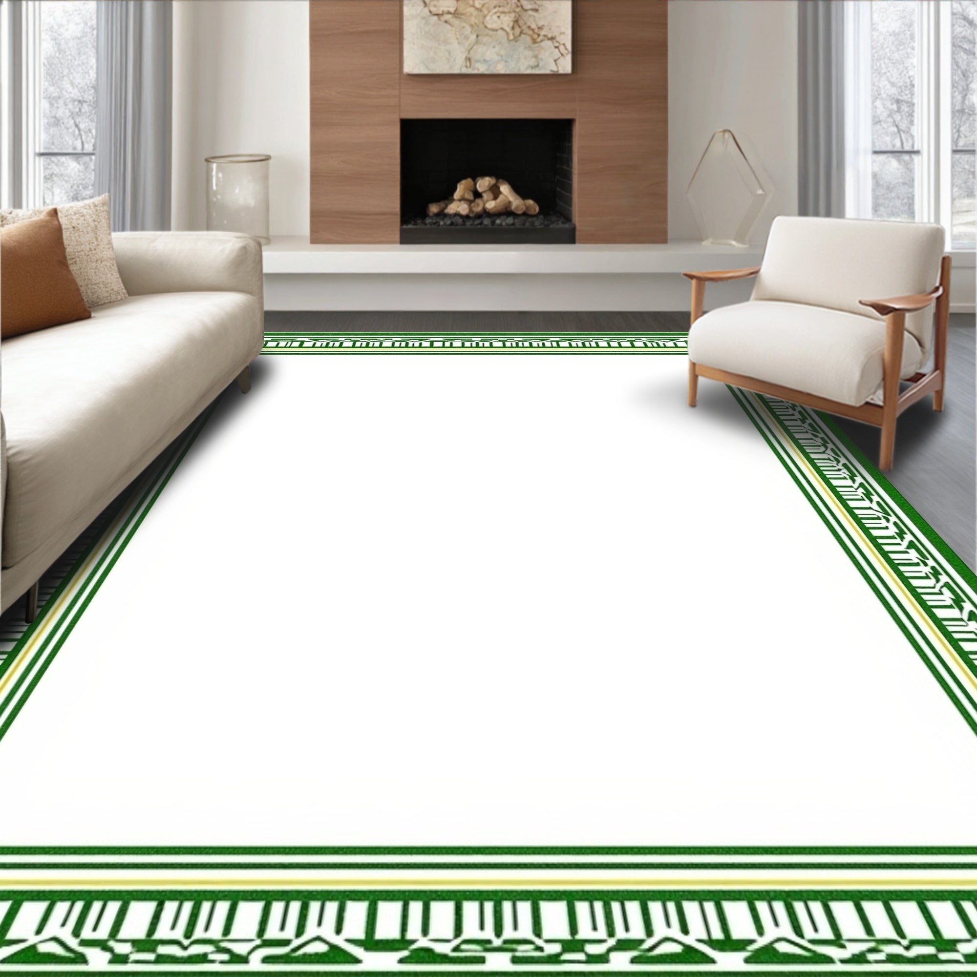 Green Geometric Band Border Rug