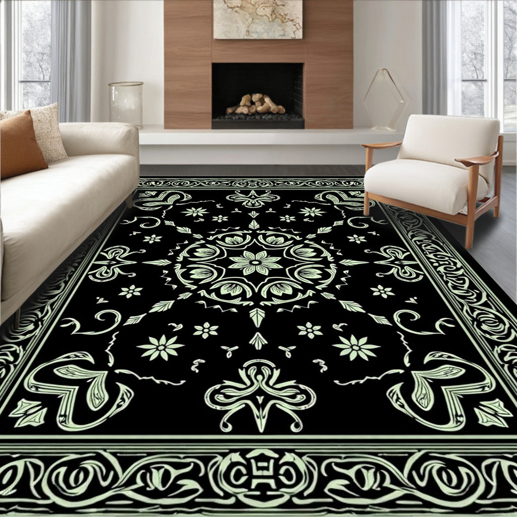 Black Mint Floral Medallion Border Art Rug