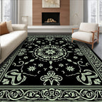 Black Mint Floral Medallion Border Art Rug