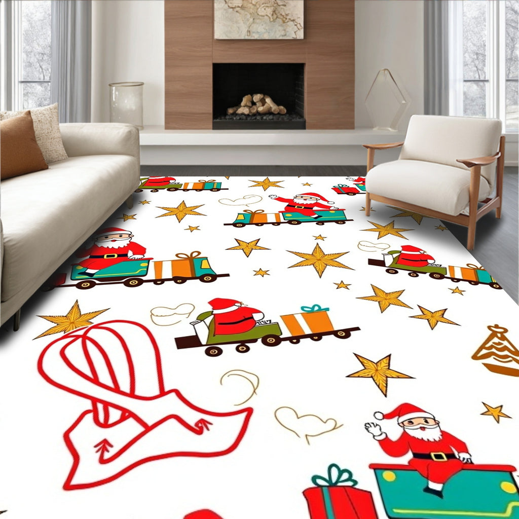 Jolly Santa Train Gold Star Whimsical Rug