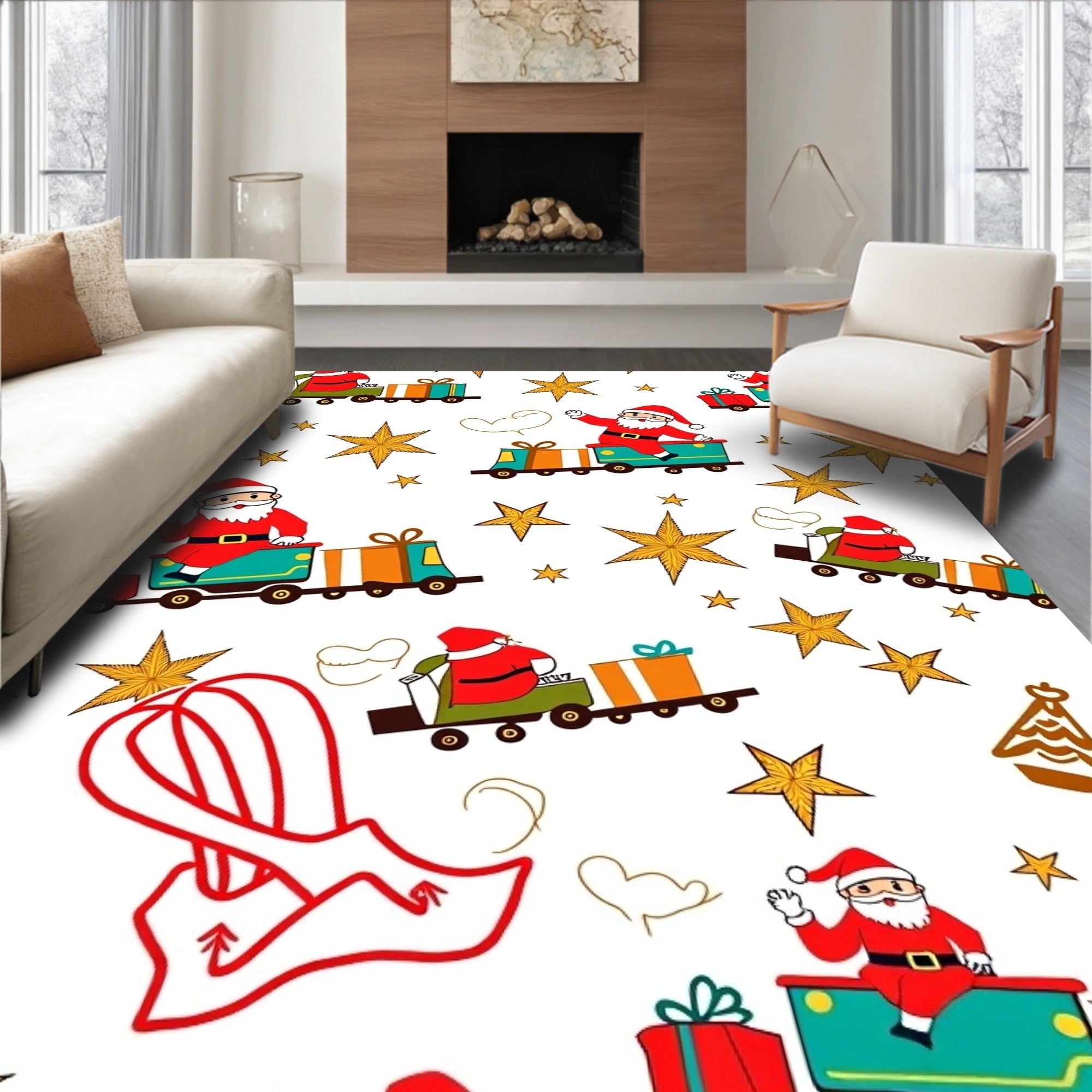 Jolly Santa Train Gold Star Whimsical Rug