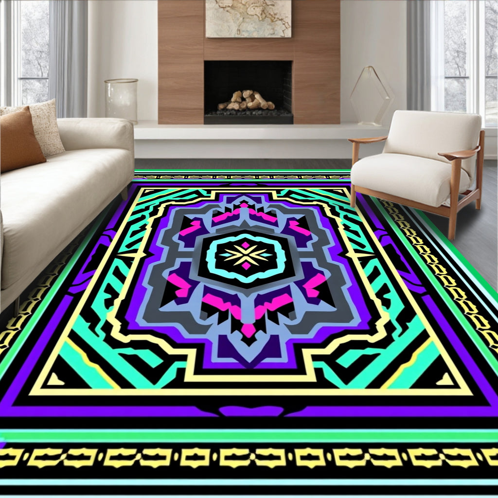 Bold Geometric Medallion Emerald Purple Rug