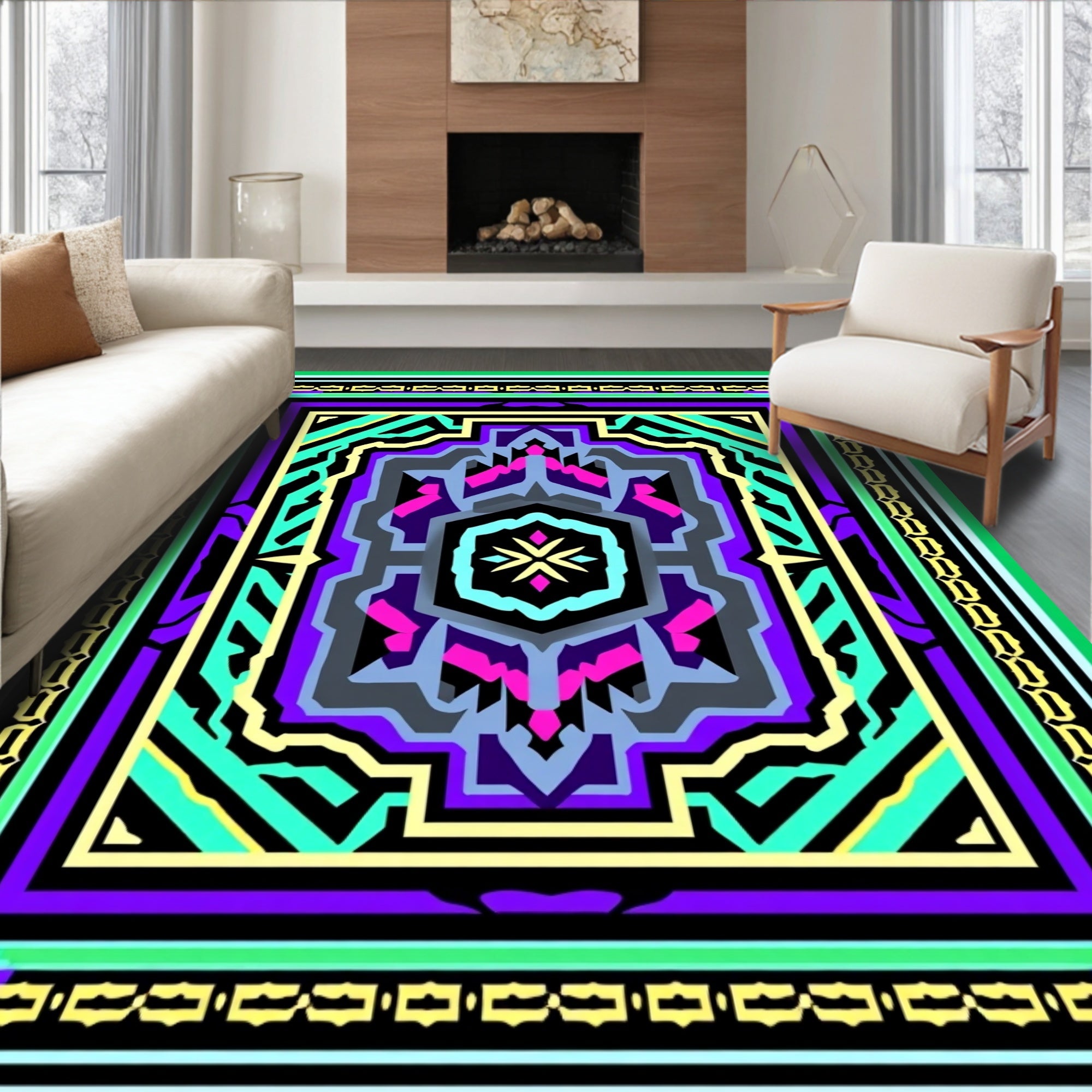 Bold Geometric Medallion Emerald Purple Rug