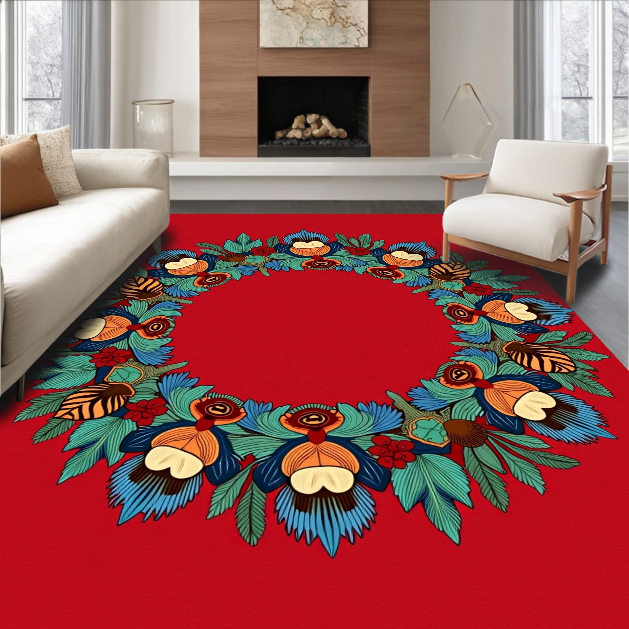 Whimsical Red Floral Wreath Rug