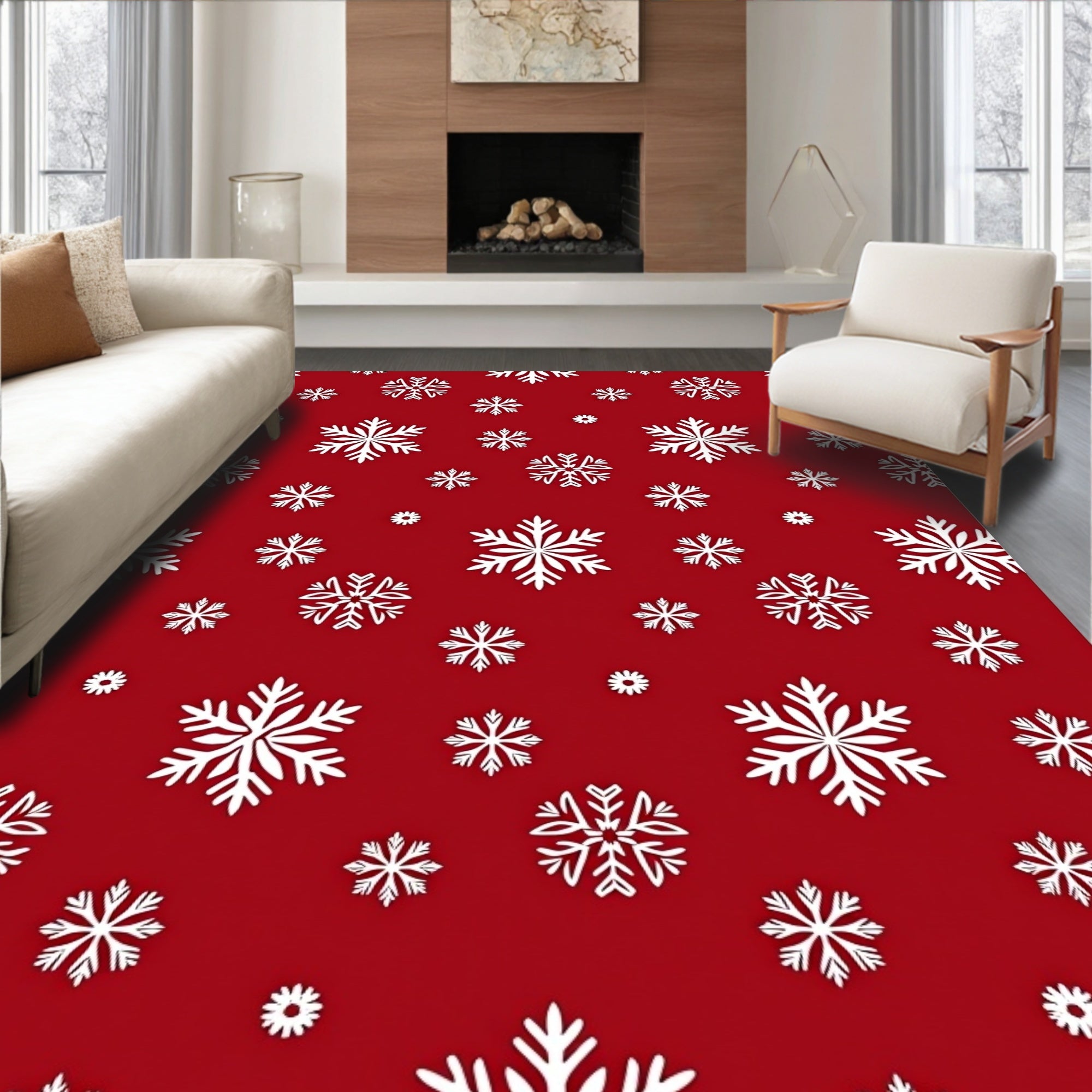 Crimson White Snowflake Winter Scene Rug