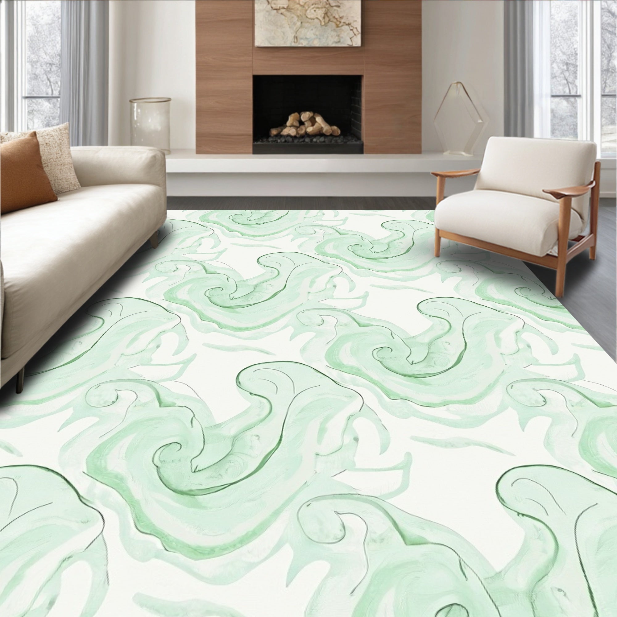 Pale Green Abstract Swirl Rug