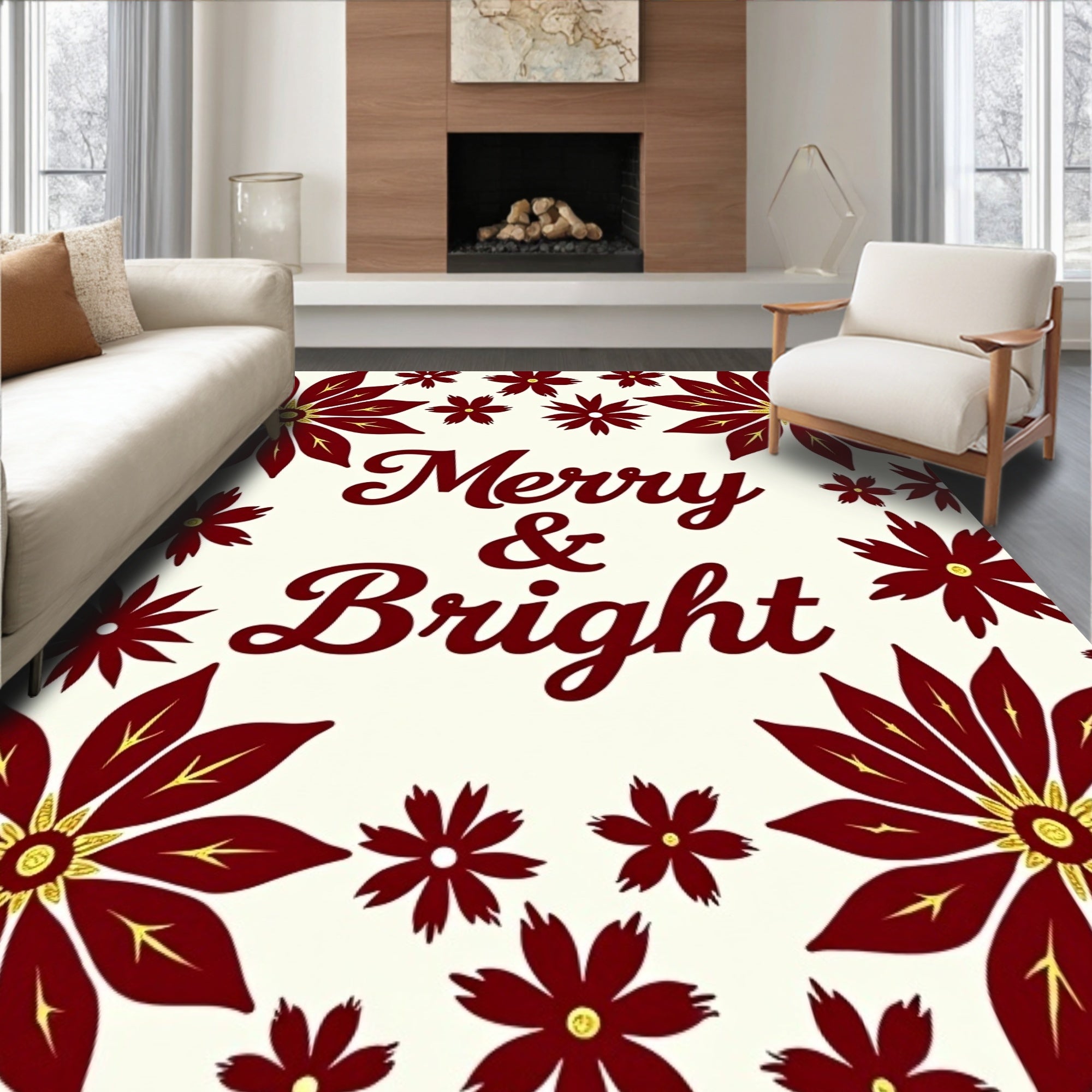 Crimson Gold Poinsettia Floral Border Rug