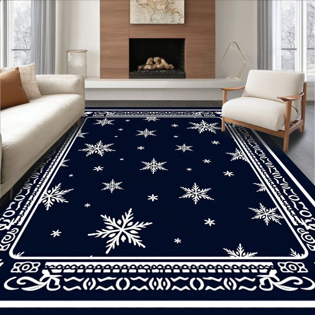 Navy Snowflake Border Medallion Rug